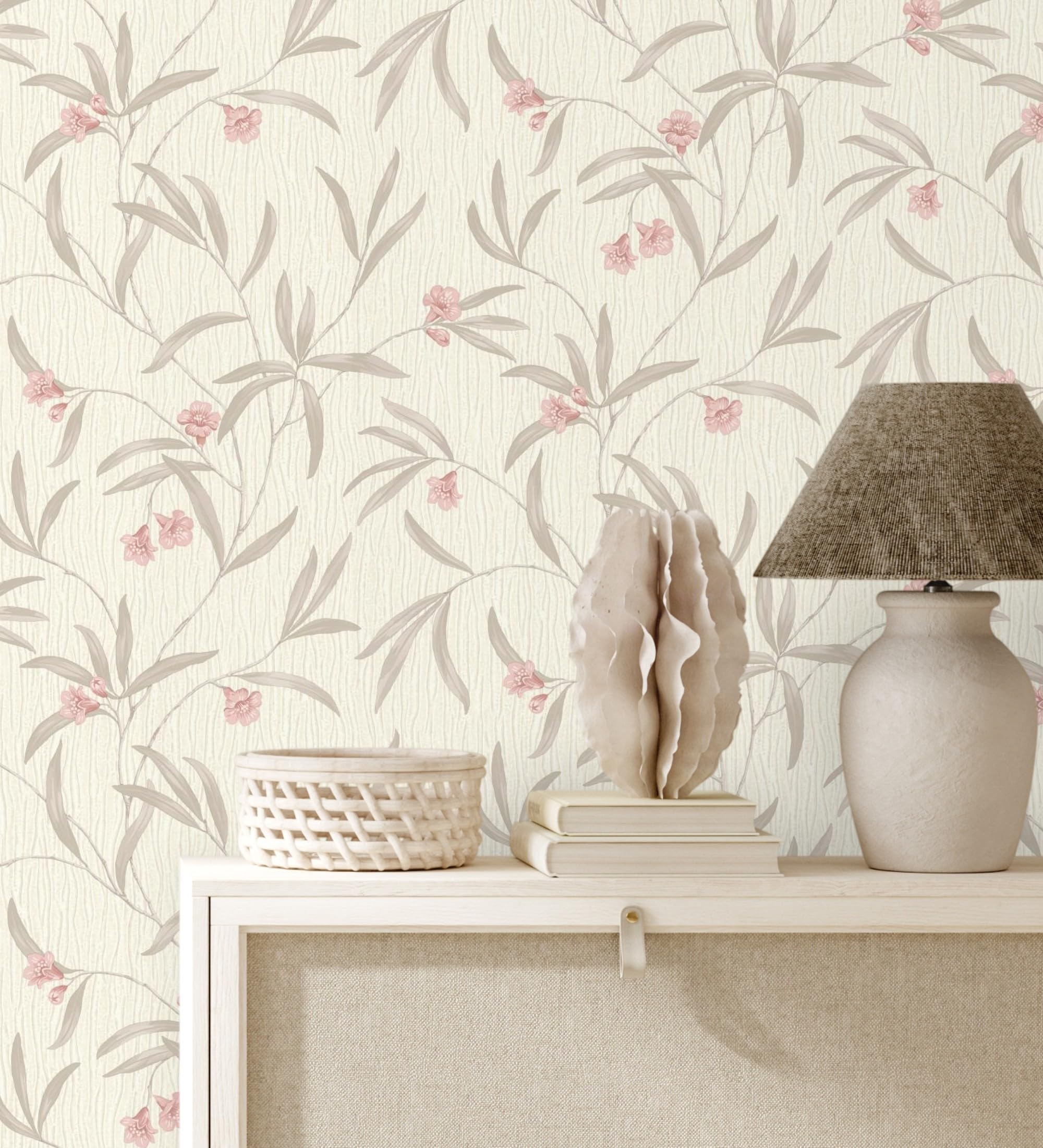 Papier peint fleurs rose corail vinyle épais pour masquer les défauts des murs