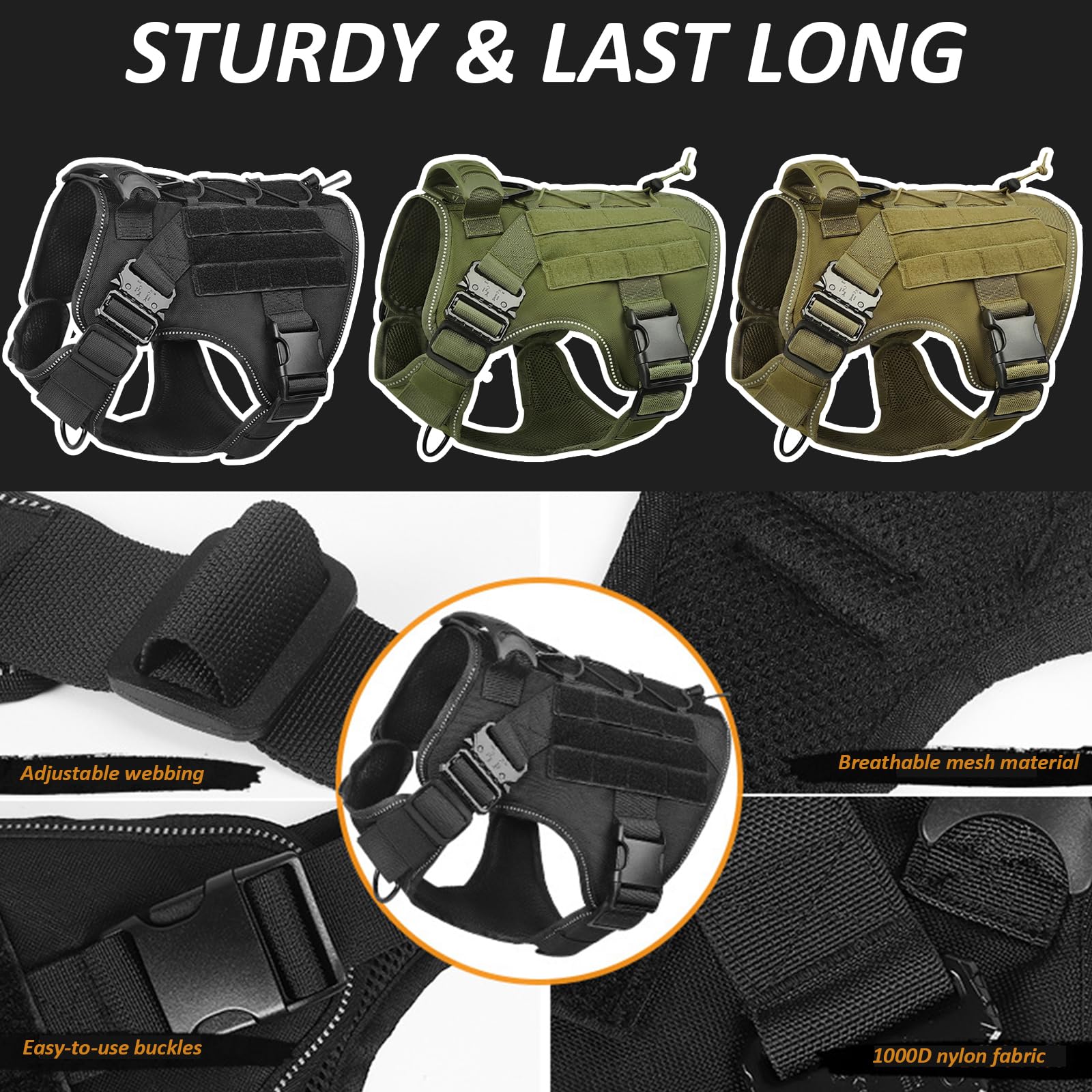 Arnes Perro Antitirones, Arnés Táctico para Perros Pequeño Medianos Y Grandes con Anillo Anti-Tirón Y Sistema Molle Chaleco Acolchado Ajustable para Adiesreamiento Correr,Negro,Medium