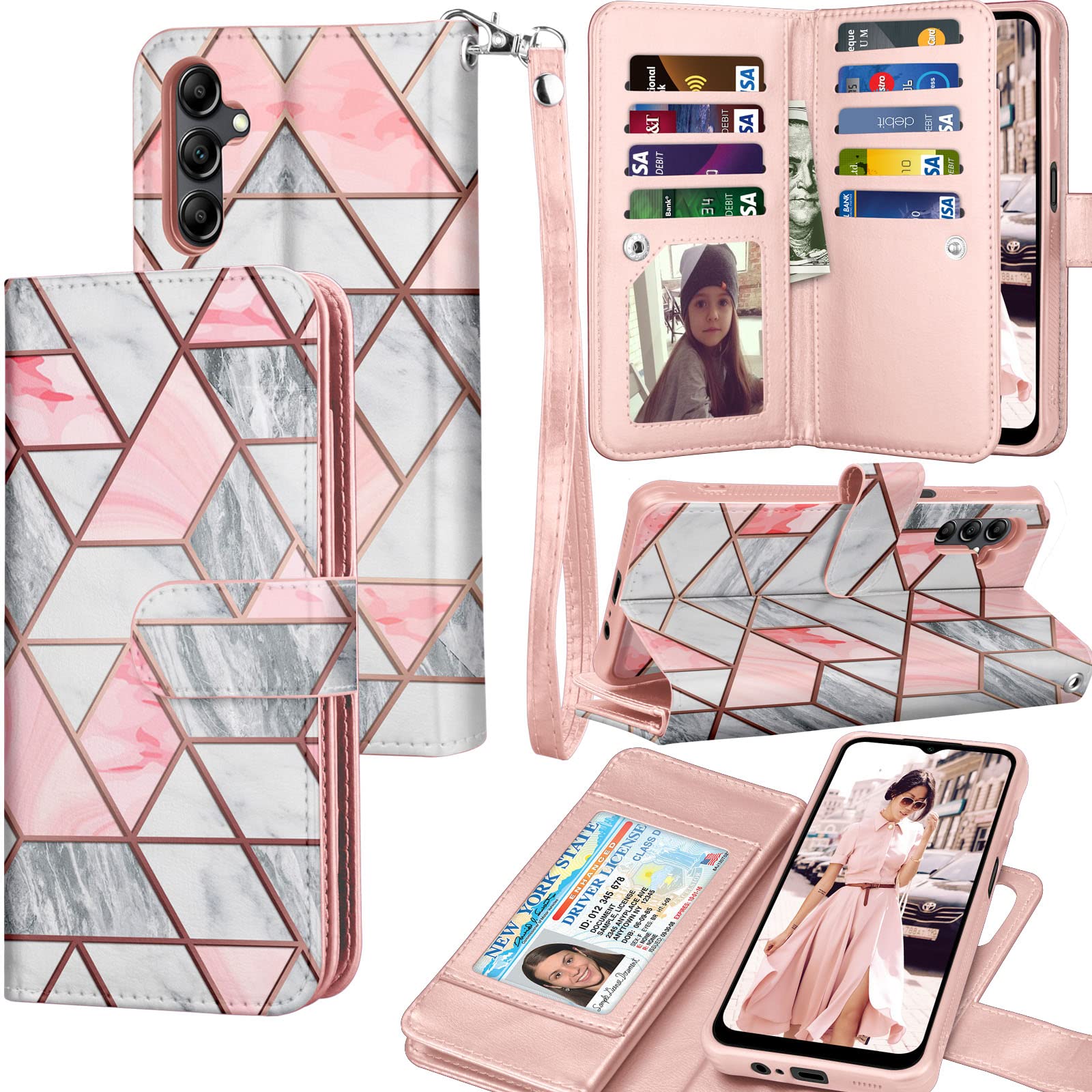 Galaxy A14 5G Case, Galaxy A14 5G Wallet Case, Tekcoo [Detachable Magnetic Hard Case] Luxury PU Leather Cash Credit Card Slots Holder Carrying Folio Flip Cover Strap for Samsung A14 5G [Marble]