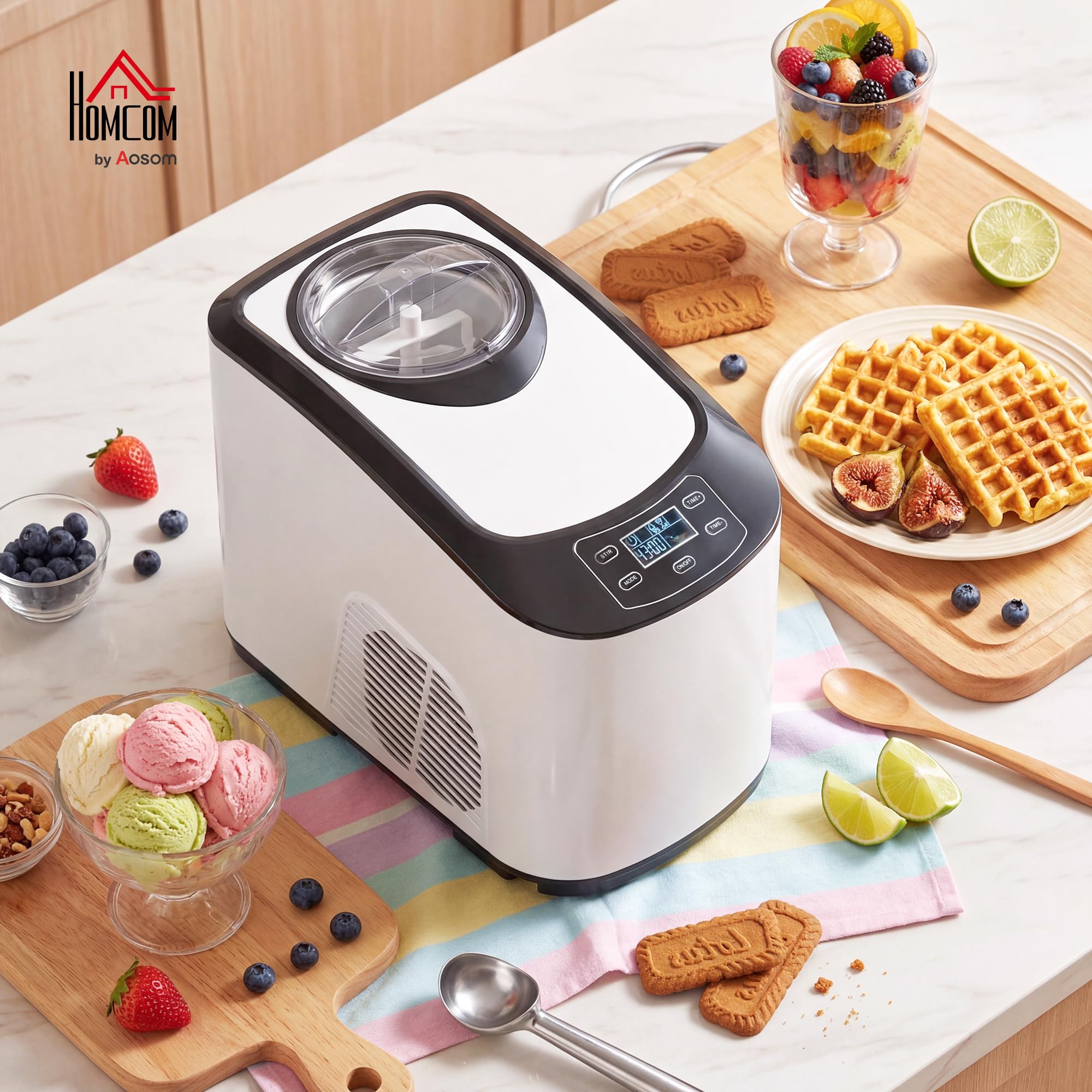 HOMCOM Eismaschine 1,5L mit Soft-Eis-Modus & Hart-Eis-Modus LCD Display | Eiscrememaschine, Speiseeisbereiter, Frozen Eisbereiter Speiseeismaschine, Messbecher, Schaufel, 45 Min., DIY Eiscreme
