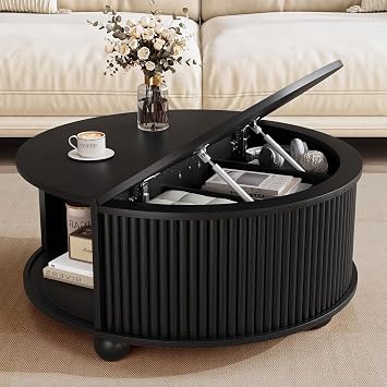 DHH Fluted Round Coffee Tables,31.5" Mid Century Modern Circle Drum Table with Storage, Accent Coffee Table with Sliding Cabinet Door for Living Room Small Space Black