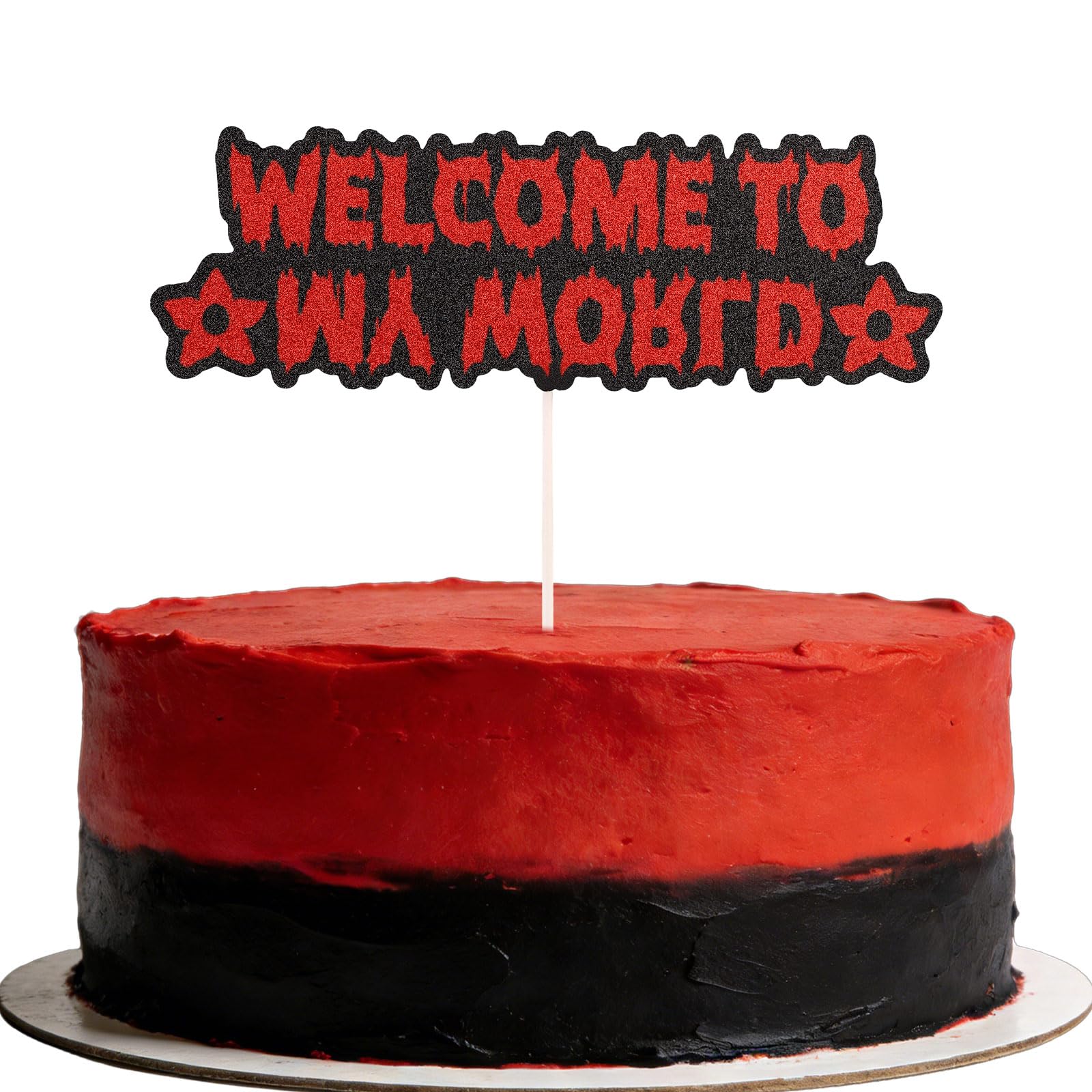 Welcome To My World Horror Red & Black Glitter Paper Cake Topper With Carnivorous Flowers Design For Birthday Or Halloween Party