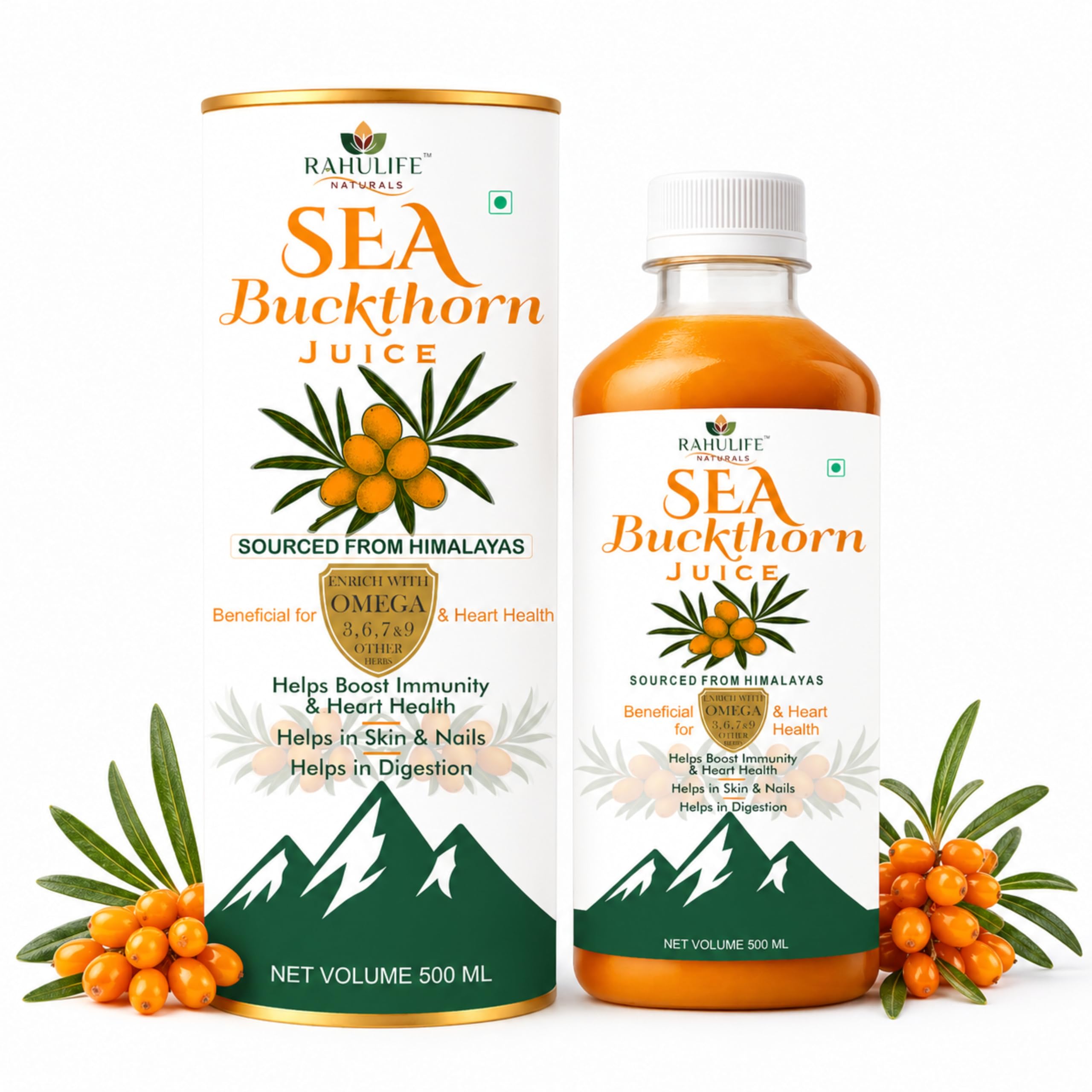 Rahulife Naturals Sea Buckthorn Juice 500ml | Himalayan Sourced | Rich in Omega 3, 6, 7 & 9 | High Omega-7 Formula | No Added Sugar | Supports Skin Glow, Immunity, Heart Health & Digestion