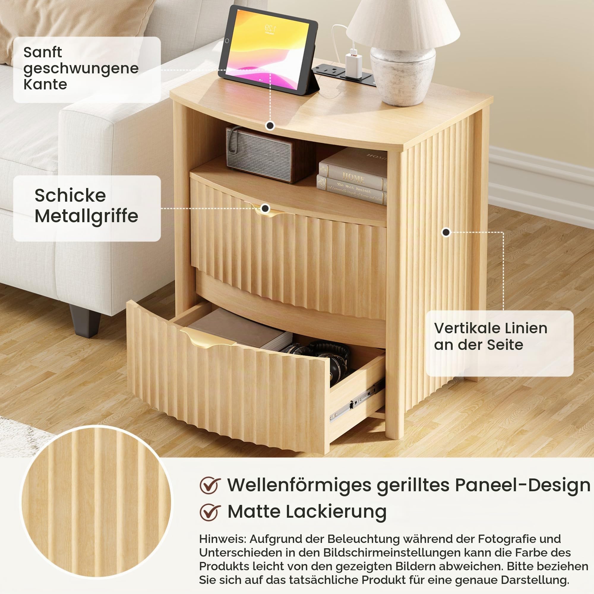 TAGELIER LED Nachttisch mit Geheimfach & Ladestation, Naturholzfarbe