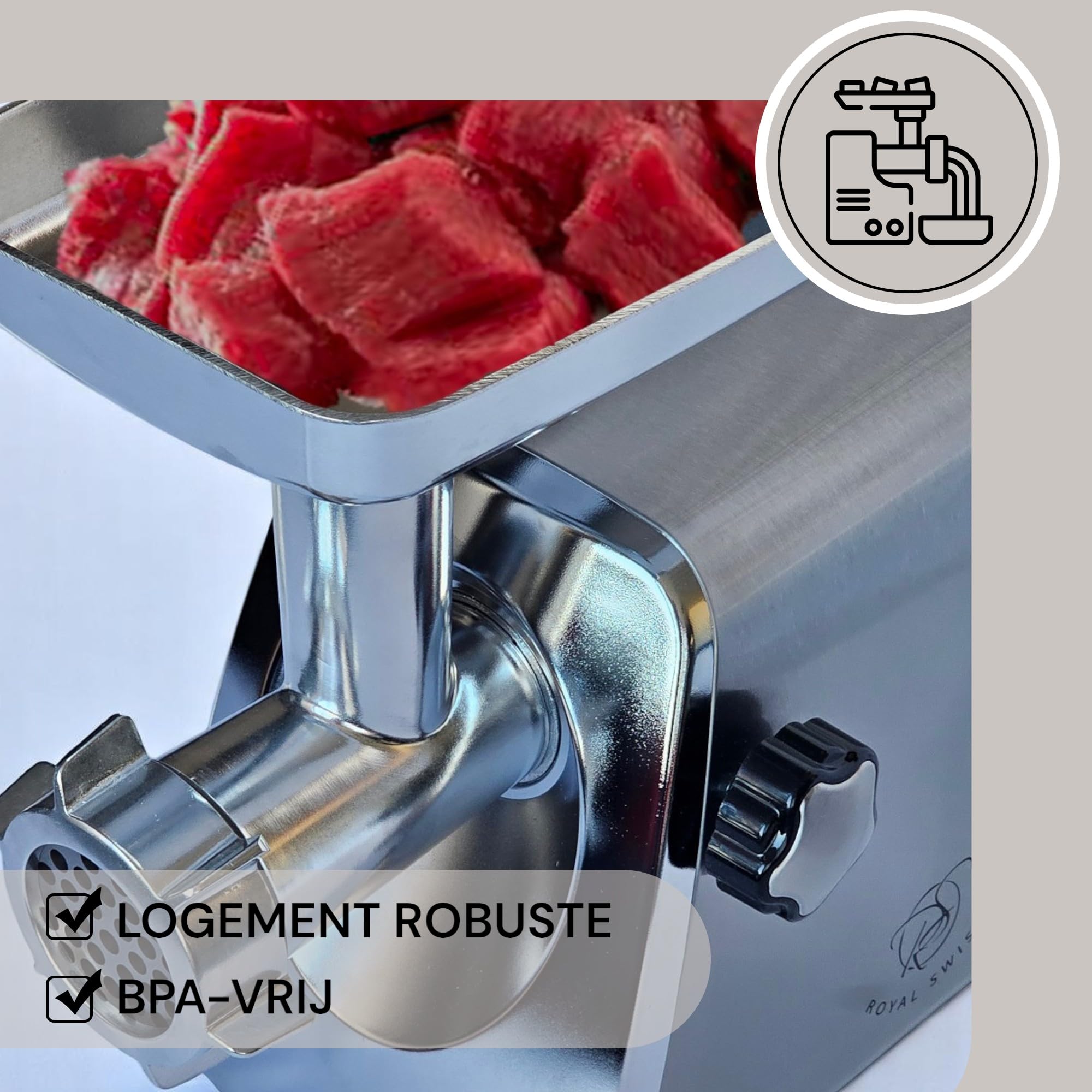 Royal Swiss - Picadora de carne eléctrica (2000 W, acero inoxidable, función inversa, compacta y potente, accesorios incluidos, picadora multifunción para carne, salchicha, salsa y relleno para el