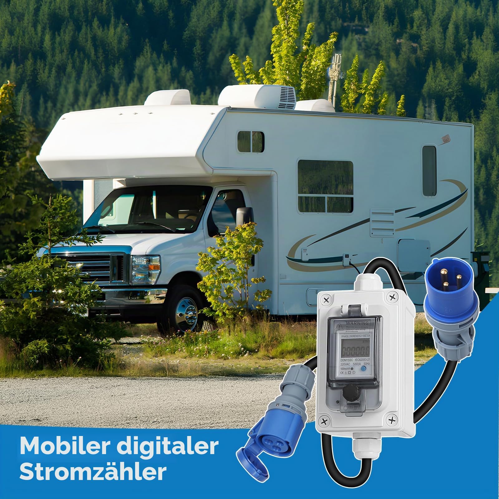 SWAWIS Mobiler Digitaler Stromzähler Steckdose mit CEE-Stecker 230V IP67