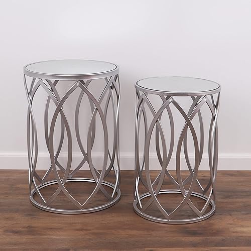 Miniatura 12 de Rutledge & King Juego de mesa auxiliar redonda, mesas auxiliares plateadas con tapas de espejo, mesas decorativas redondas anidables, mesas Odessa -