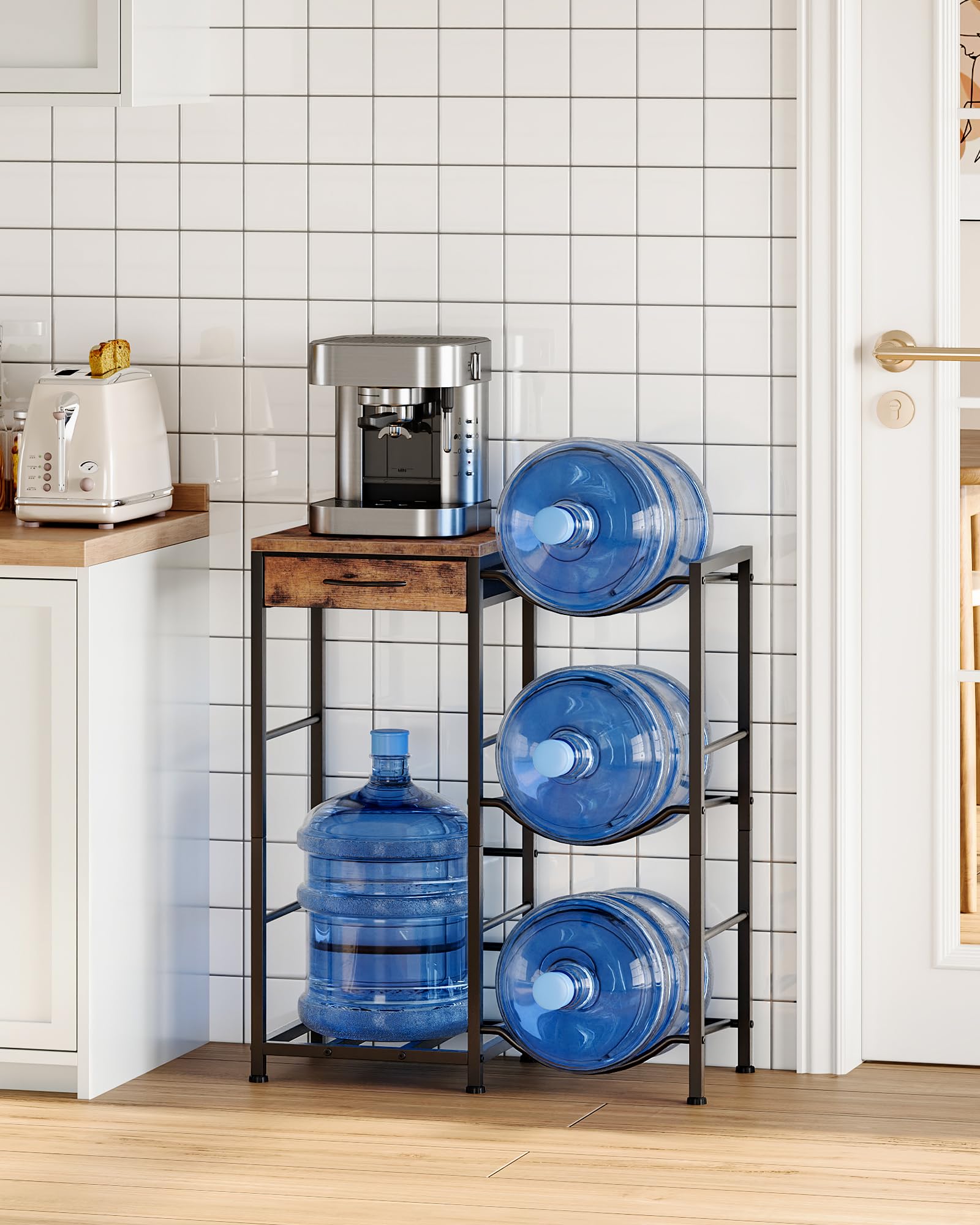 CHOEZON 5 Gallon Water Jug Holder, Water Bottle Organizer, 3-Tier Bottle Holder with Drawer, Water Dispenser Replacement Parts, for Kitchen, Black and