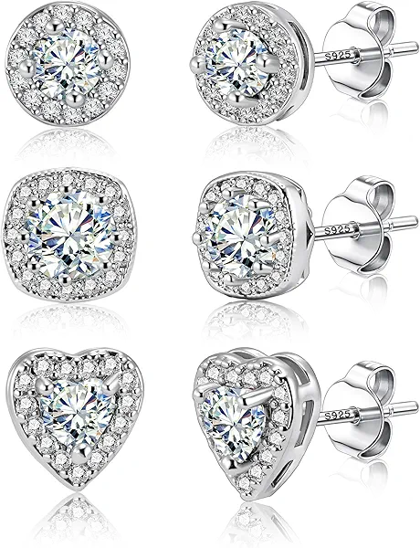 ALEXCRAFT Sterling Silver Stud Earrings for Women Girls Cubic Zirconia Halo Round Heart Square Diamond Large Silver Stud Set