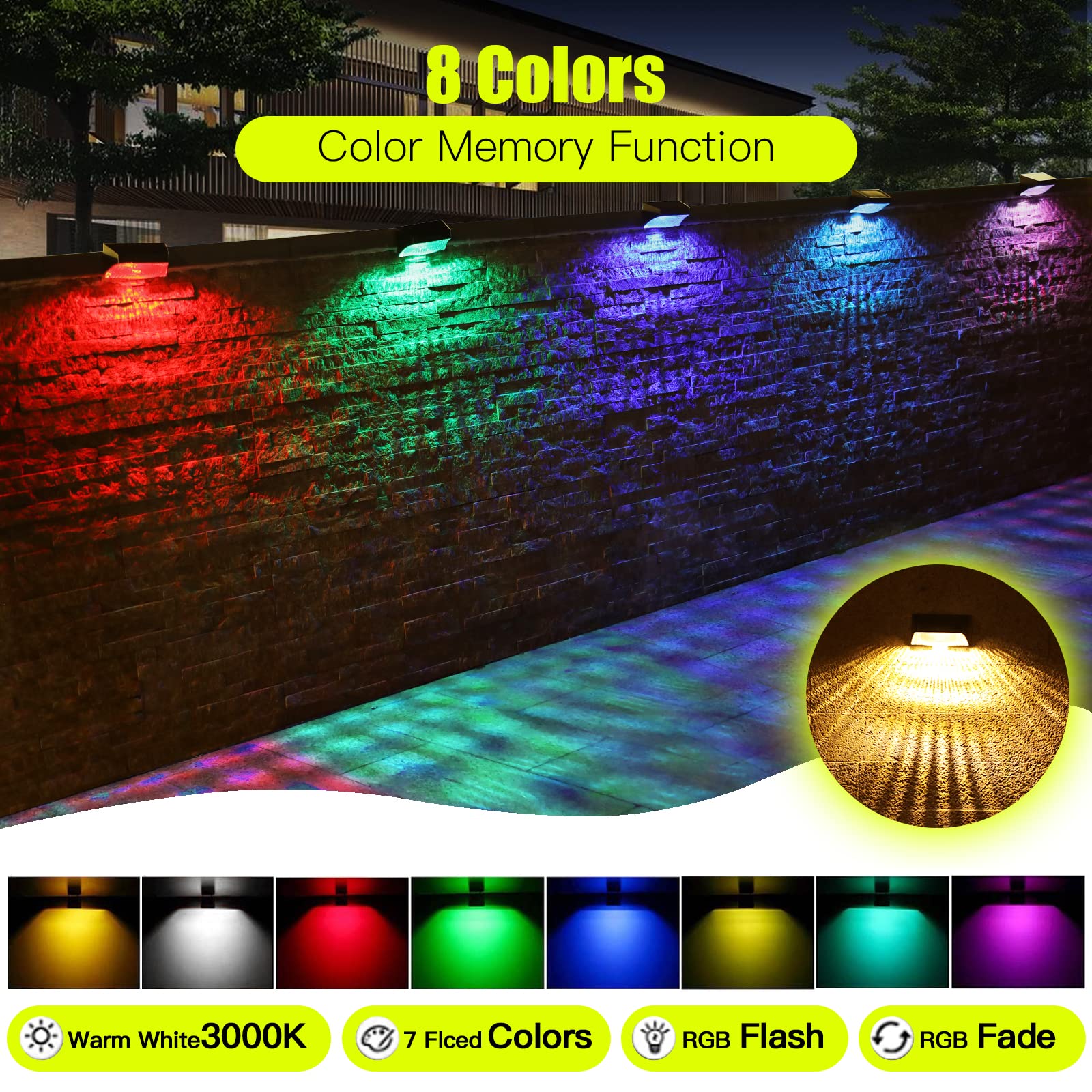 Solar Fence Lights, FabStyl 10 Working Mode Solar Deck Lights Outdoor Step Lights Waterproof LED Solar Wall Lights for Stair, Deck, Patio, Garden, Wall, Swimming Pool, Yard, Post (Black, 8 Pack Plus) 1