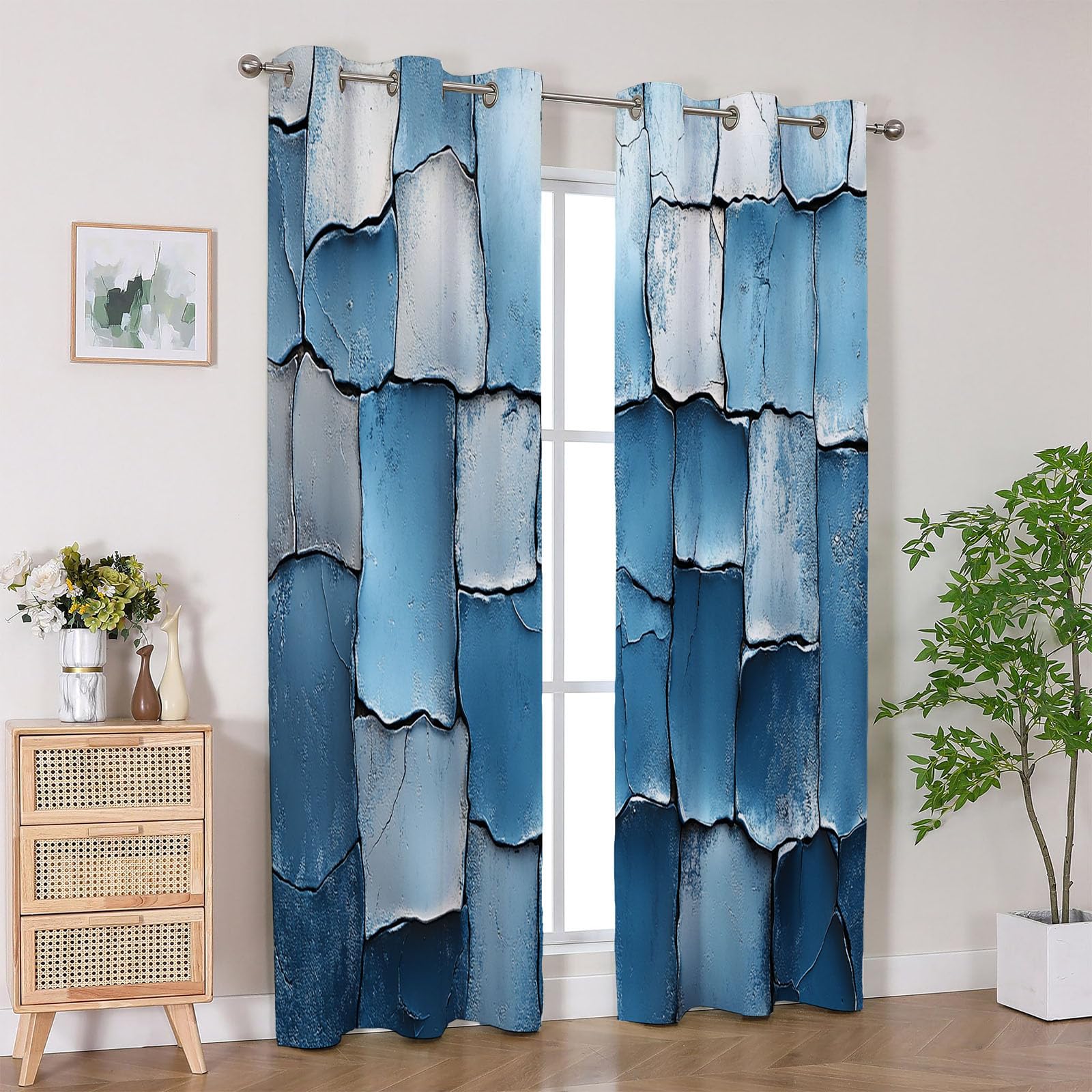 Vorhänge Blickdichte Modern Abstrakt - Rissige Blaue Steinfliesen-Optik Geometrisch Minimalist Vorhänge Schlafzimmer Fenstervorhang-H180 x B140 cm (2er Pack)