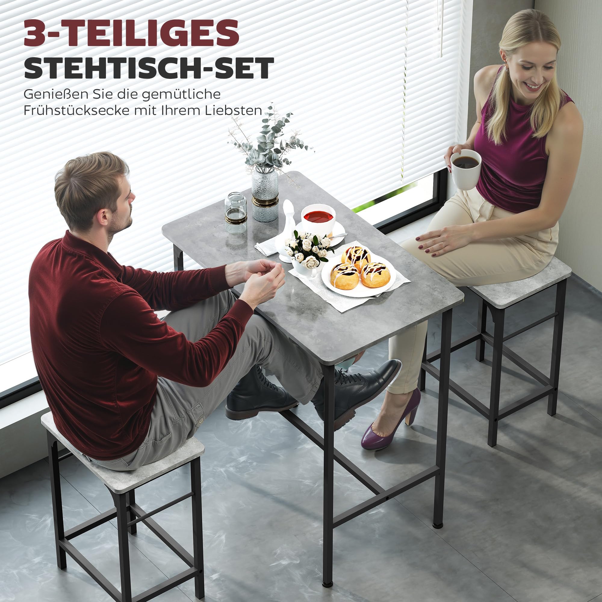HOMCOM Bartisch Set Bartisch mit Barhocker-Set Esstisch mit 2 Stühlen mit Rutschfestem Fußpolster Küchentisch für Esszimmer, Küche, Grau