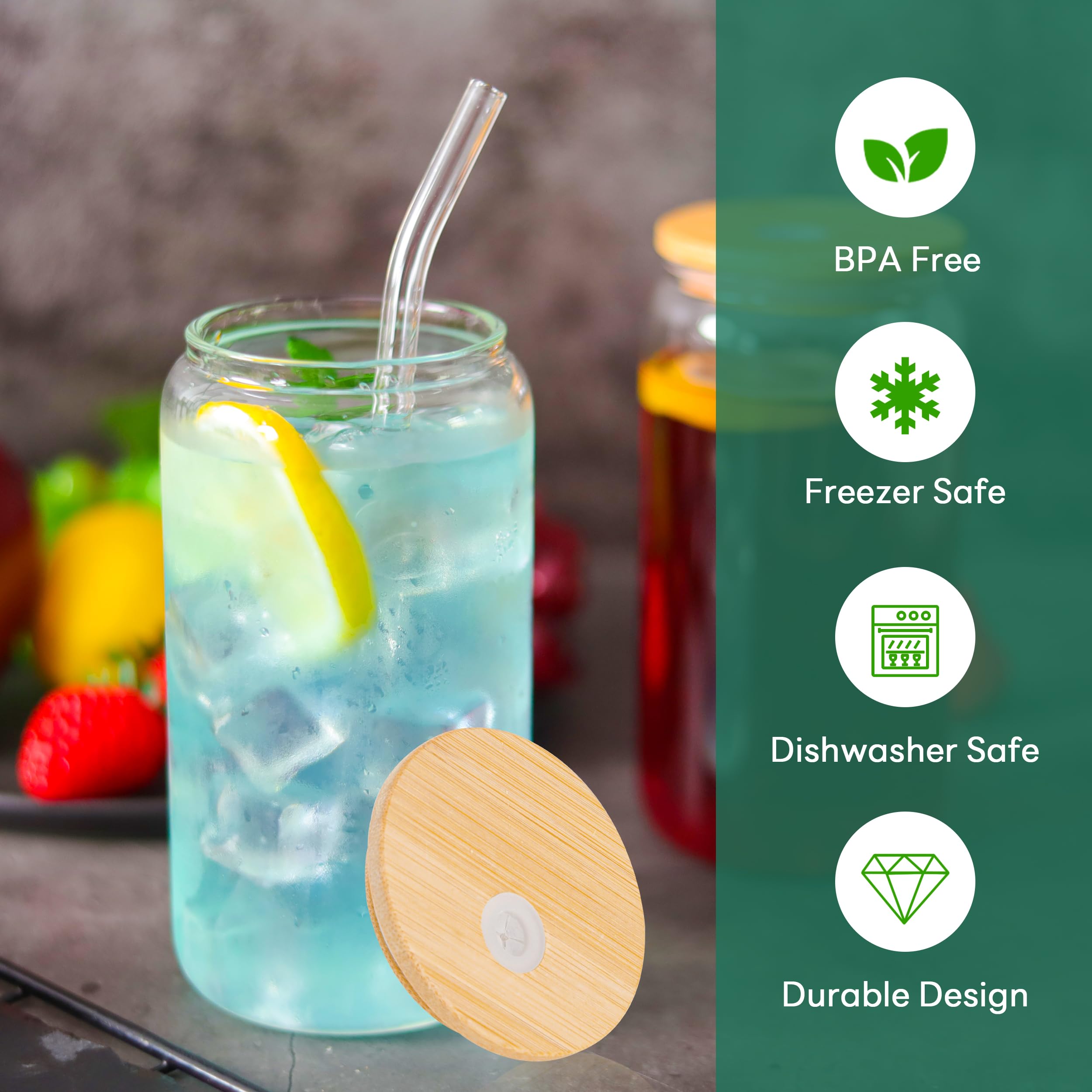 Joyclub Paquete de 12 vasos de vidrio de 16 onzas con tapas de bambú y popotes reutilizables, taza de café helado, vasos de cerveza para batidos, whisky, Boba, soda, té, regalo