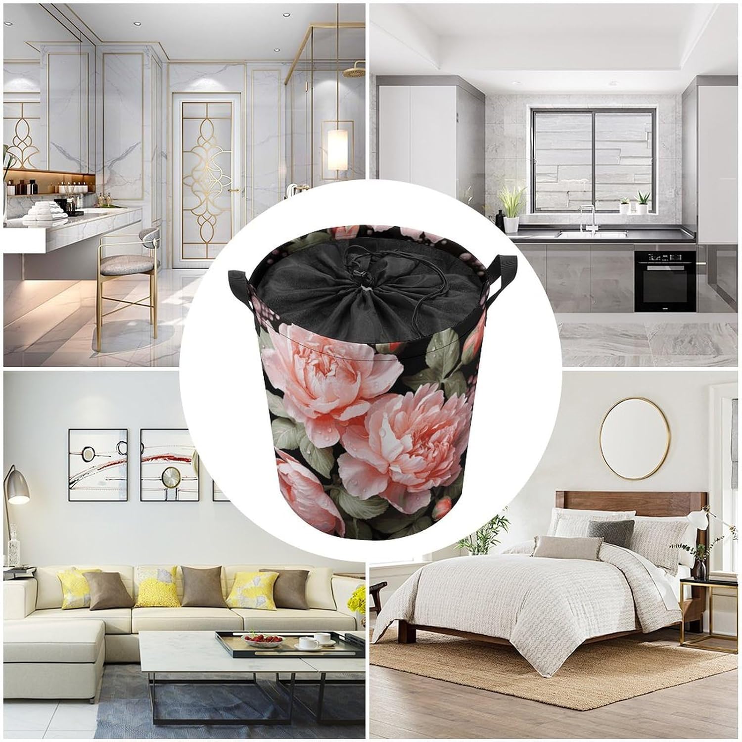 Peony Flowers Rose Laundry Basket Collapsible Clothes Hamper with Reinforced Handles Large Capacity Waterproof Laundry Bag Freestanding Laundry Hamper for Bedroom Bathroom