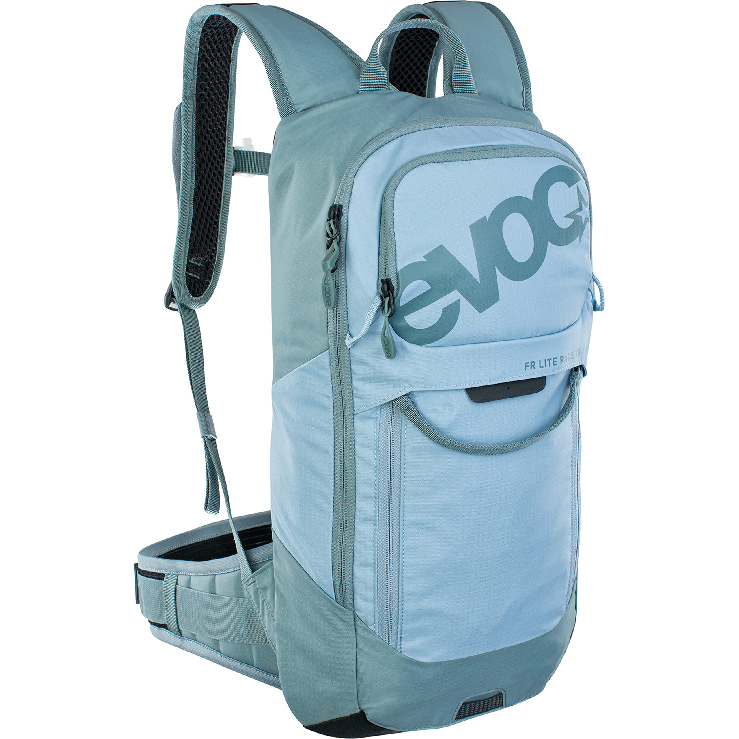 EVOC FR LITE RACE 10 protector backpack ideal for enduro races (very light, LITESHIELD BACK back protector, LITESHIELD SYSTEM AIR, tool compartment with access, Size: S), Copen Blue/Slate