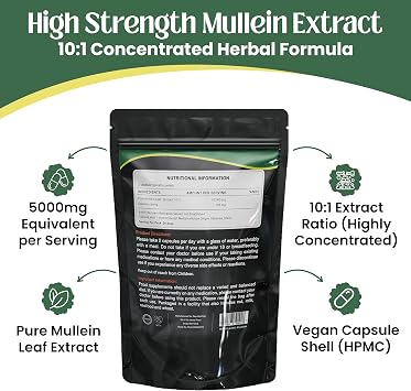 Mullein Leaf Extract for Lungs | High Strength 5000mg Mullein 10:1 Extract, Lung Support & Respiratory Health | Detoxification Aid & Cleansing Support Supplement - 60 Capsules