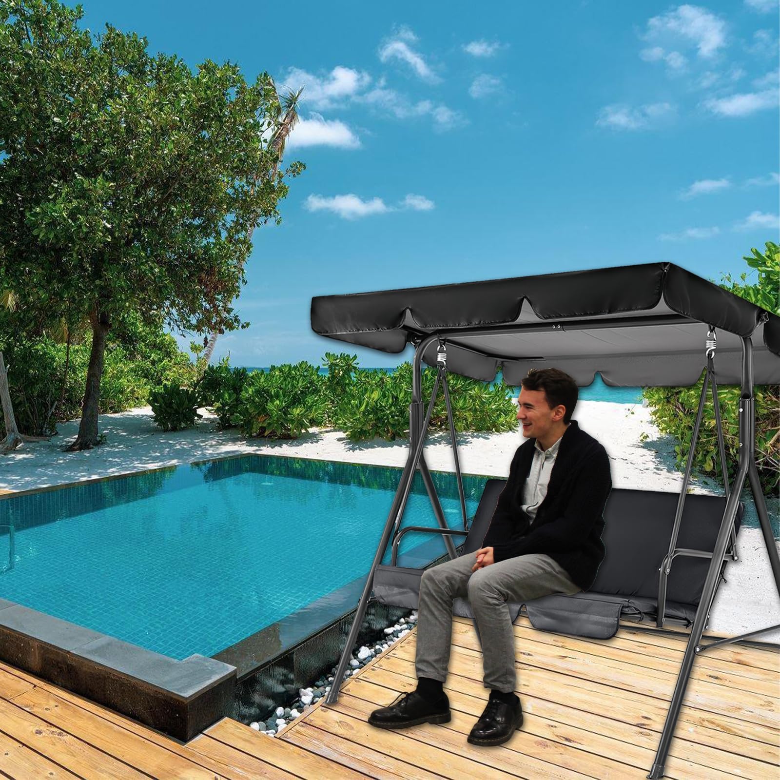 Capota Para Columpio De Patio: Universal Toldo Fundas Para Balancines 195*125*15cm, Cubierta Del Toldo Para Columpio, Cubierta Toldos Para Columpios Impermeable (Negro)