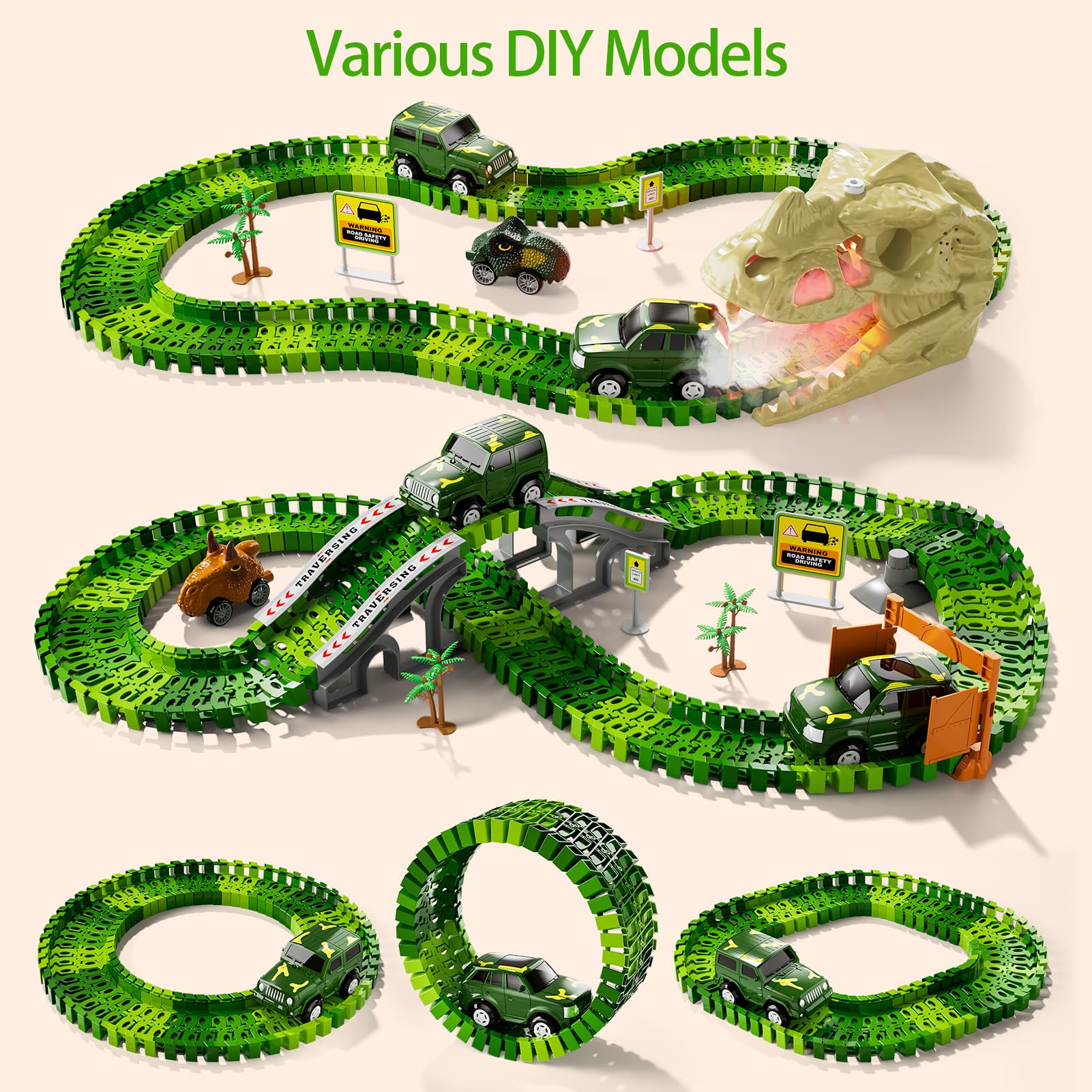 Dinosaur Race Track Set for Kids Ages 3-7, Flexible Car & Train Tracks with Dinosaurs to Create Themed World, Toys Gifts for Boys Girls - Image 4