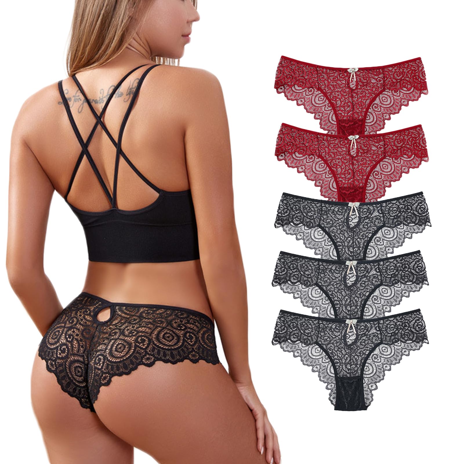 Sexy Lace Knickers for Women Bikini Seamless Underwear Low Rise Soft Panties Ladies Cute Hipster Briefs 5-Pack