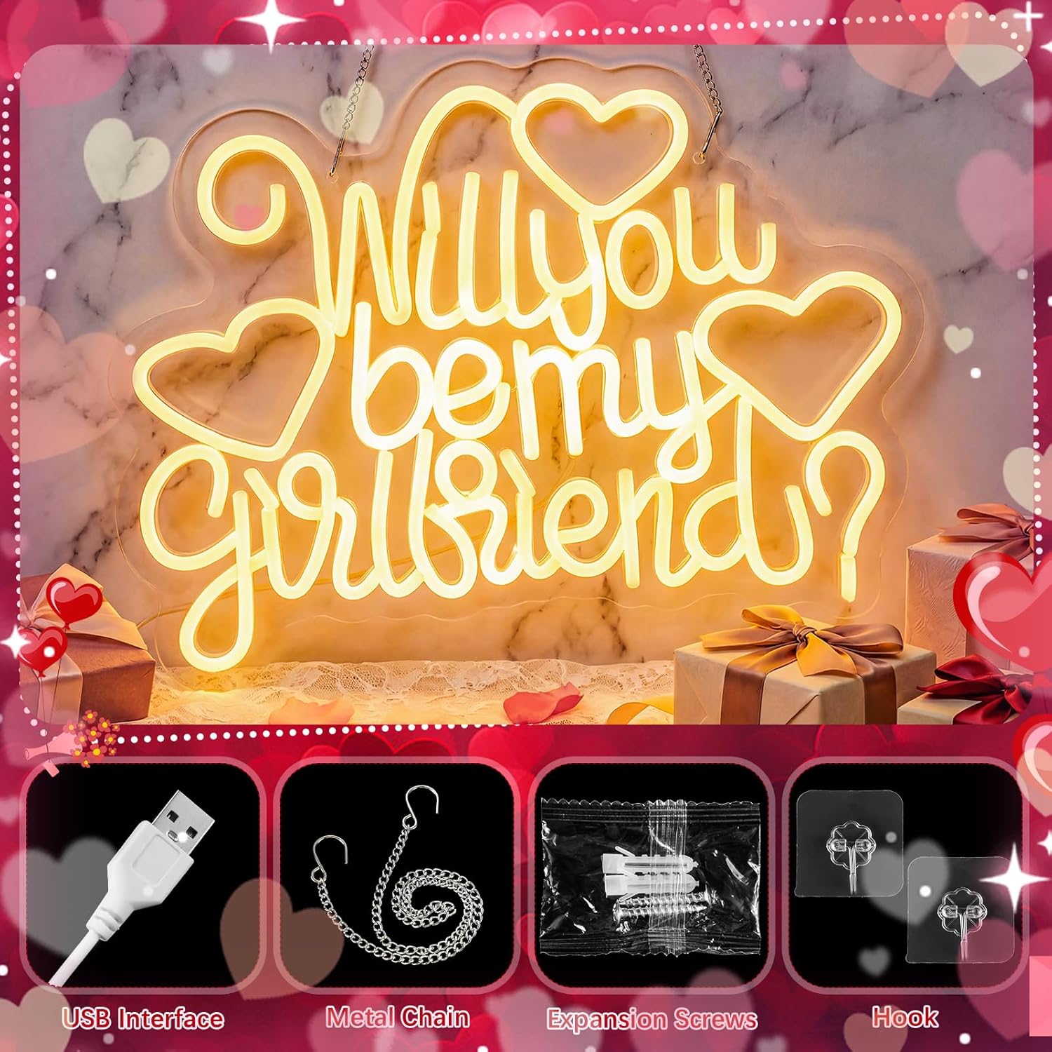 Large Will You Be My Girlfriend Neon Light Hanging Proposal Sign Valentines Day Wall Decor Dimmable Switch Warm White LED Light Letters Sign for Girlfriend Bedroom Living Room USB - Image 4