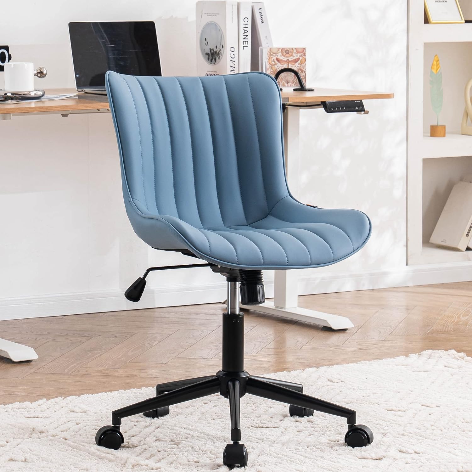 YOUNIKE Office Chair Swivel Desk Chair with Wheels Upholstered Faux Leather Height Adjustable Computer Task Chair Modern Rolling Armless Ergonomic Backrest, Blue, Loads 300 lbs Blue Modern
