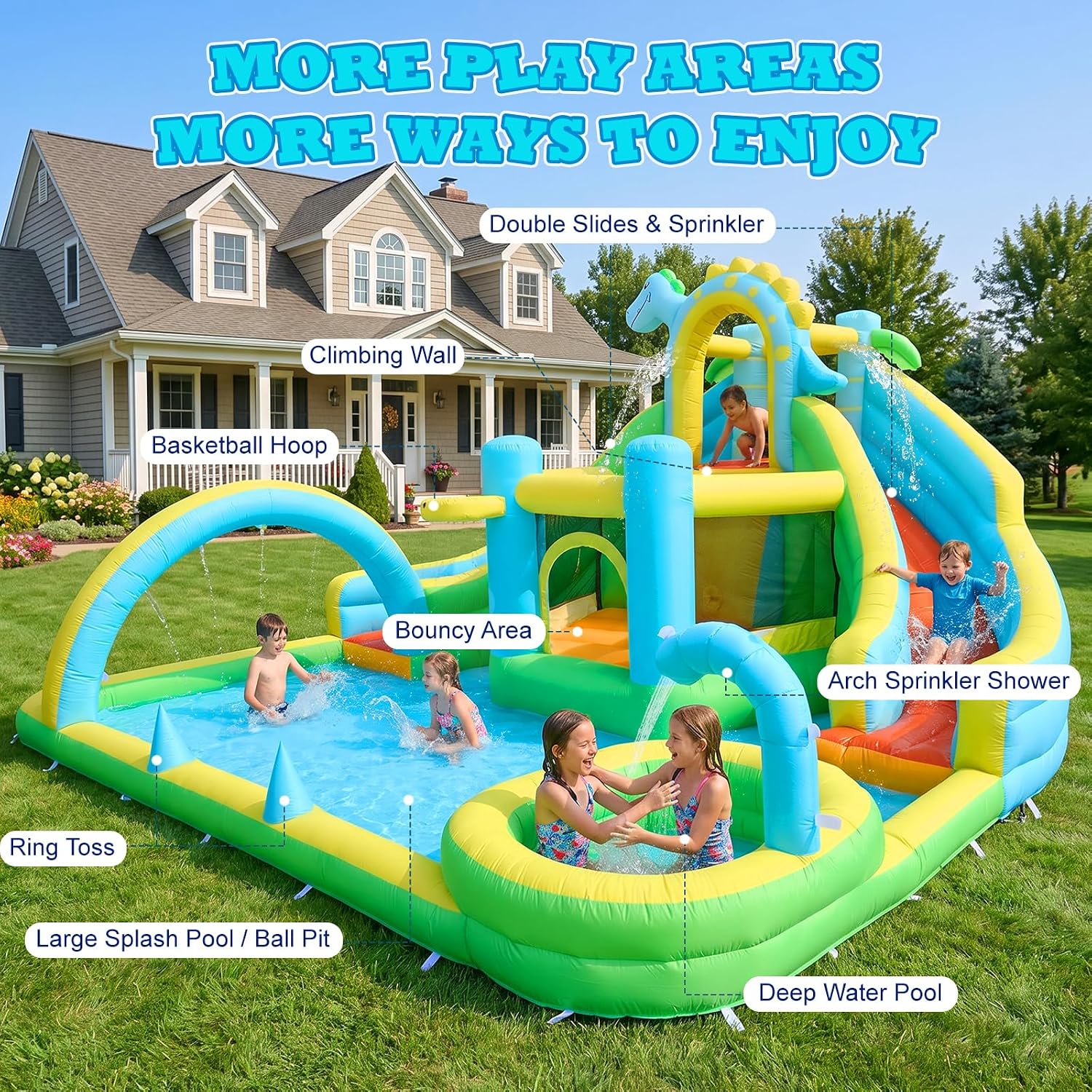 Inflatable Bounce House Water Slide Combo, Dinosaur Themed Blow Up Water Slides for Backyard with Dual Slide, Climbing Wall, Splash Pool and Jumping Castle, Water Park for Big Kids 3-12