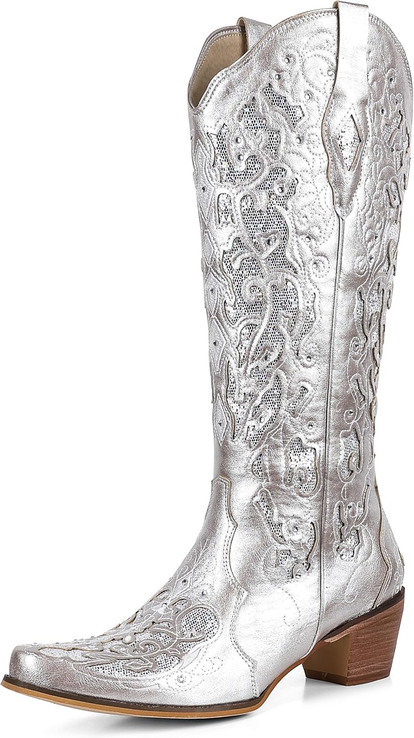 SaraIris Cowboy Boots for Women Cowgirl Boots Western Boots Chunky Heel Pointed Toe Pull On Rhinestones Embroidered Knee High Boots Mid Calf Boots