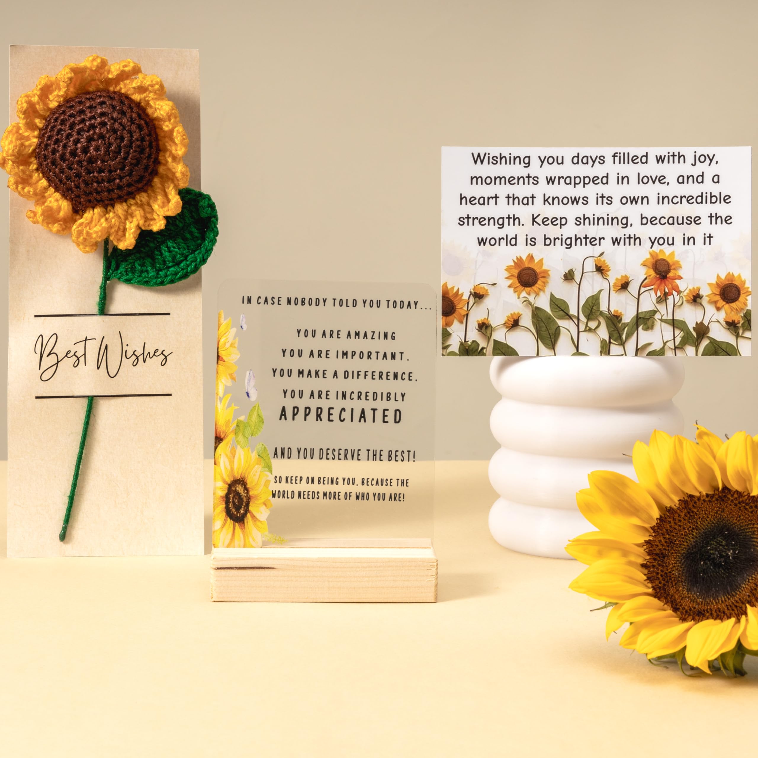 Rarejoy Gift Set for Women | Handmade Crochet Sunflower, Inspirational message on Acrylic along with wooden Desk plaque & a greeting card | Farewell Gift set for Women | Ideal for Birthday, Valentine, Anniversary, Rakshabandhan, Women's Day and Corporate Gifting 2