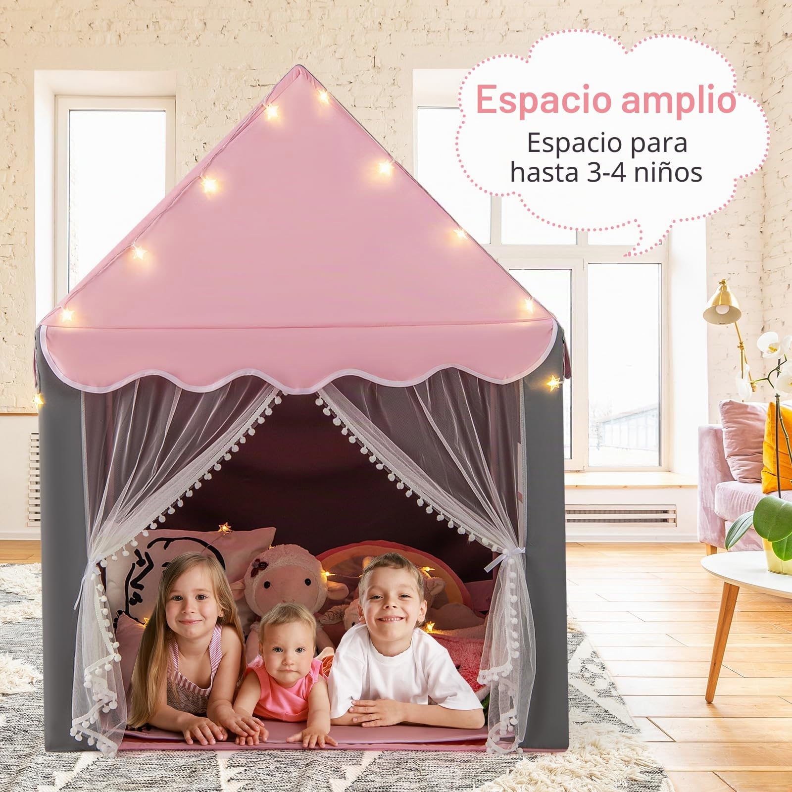 GOPLUS Tienda Campaña Infantil, Tienda de Princesa con Luces de Estrellas, Plegable Play Carpa, Cabaña, Playhouse Toy para Juegos de Interior y Exterior, con Ventana de Malla, Alfombra de Algodón
