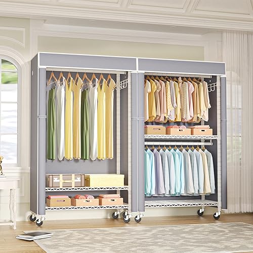 Miniatura 4 de FUTASSI Perchero de ropa blanco con cubierta gris, P1C Perchero rodante de armario con ruedas, perchero de metal para colgar ropa, armario de