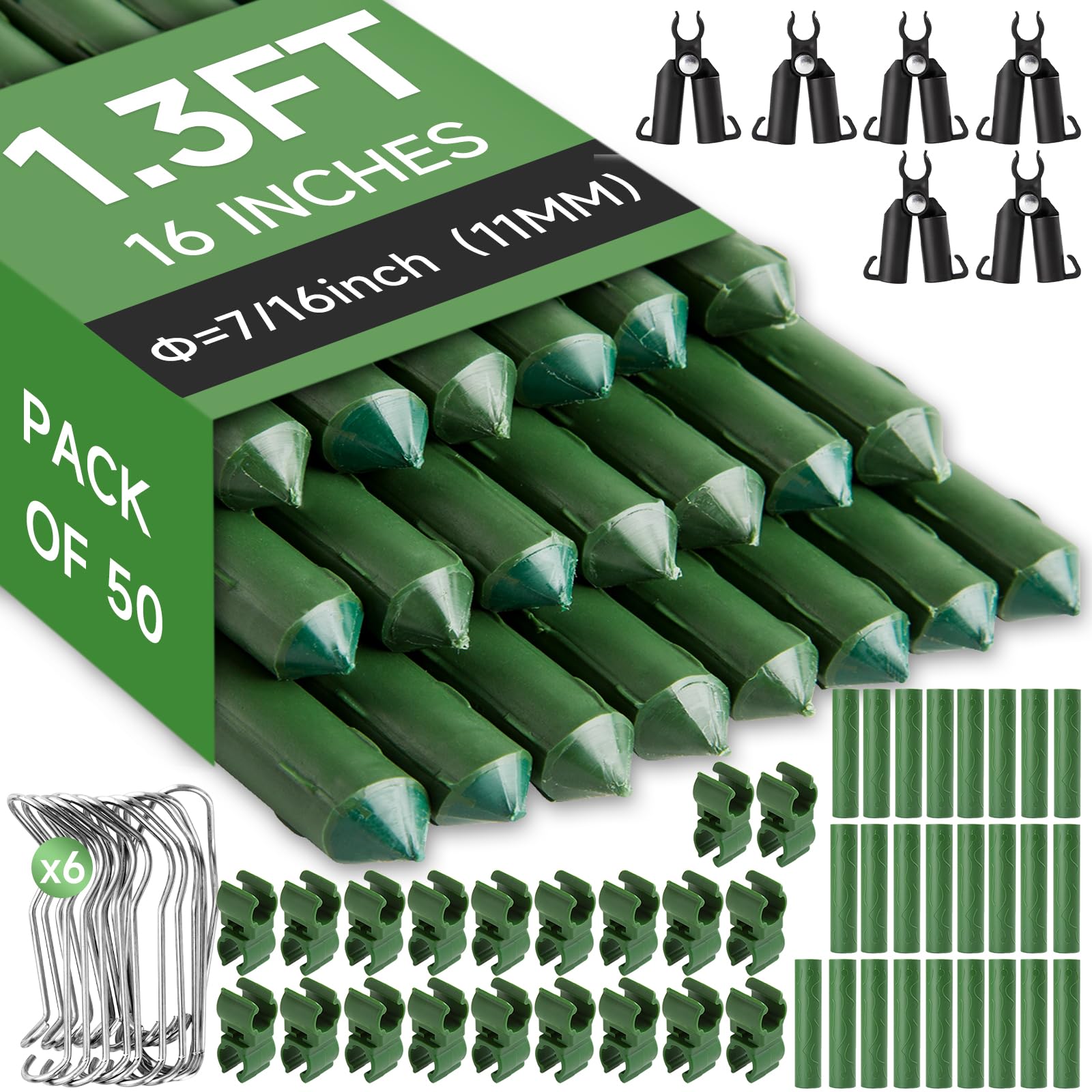 FOTMISHU Garden Stakes 50 Pack 11mm 1.3ft 16inch, DIY 2.6ft 3.9ft 5.2ft Sturdy Plastic Coated Plant Stakes, Plant Cage Supports Climbing Trellis for Tomatoes, Vegetables, Cucumber, Fences, Beans