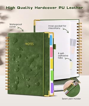 Hardcover Spiral Notebook journal with Removable Dividers Tabs, 300 Pages Leather 5 Subject Notebook College Ruled, 8
