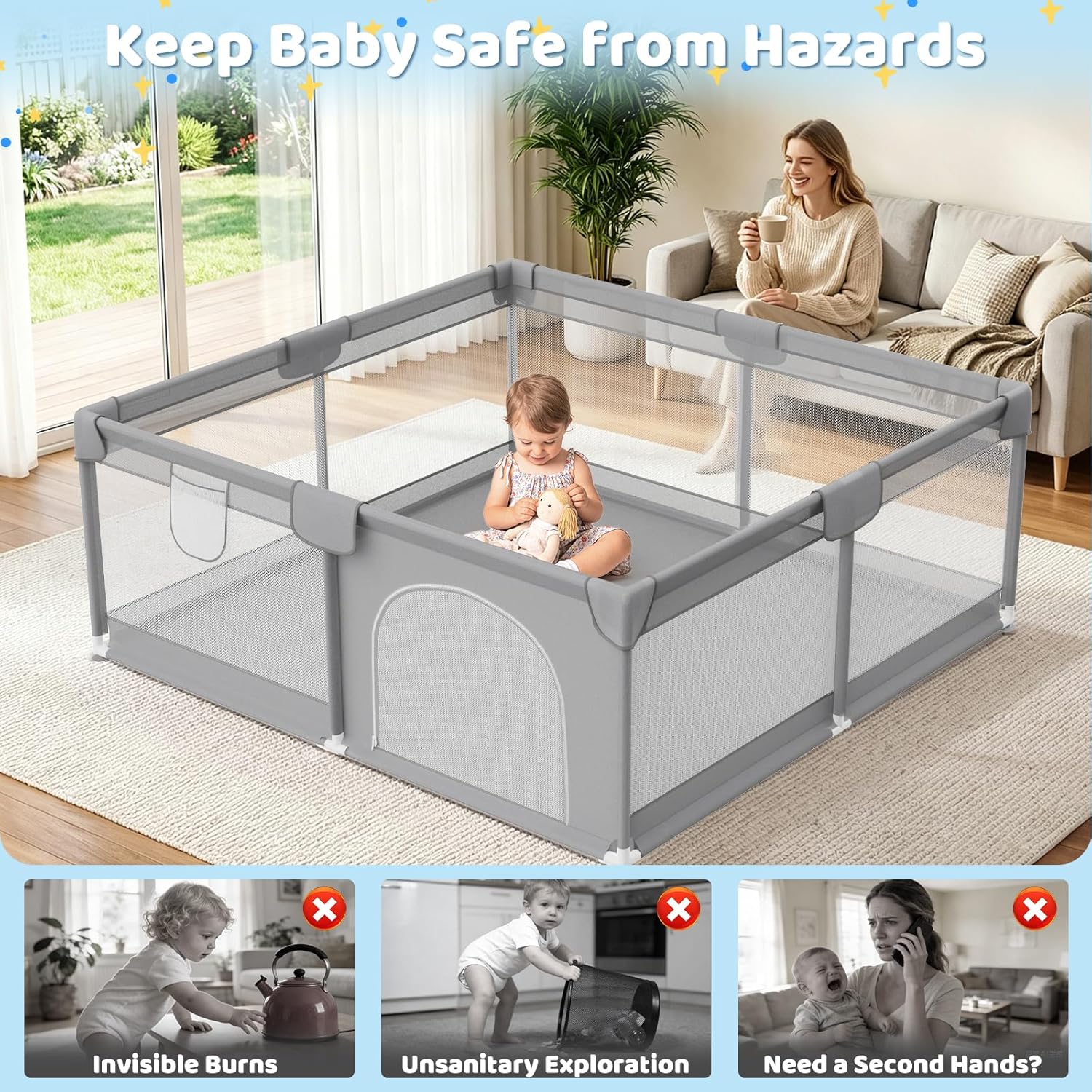 64"x64" Large Baby Playpen for Toddlers - Indoor Safe Skin-Friendly Oxford Playard Sturdy 19mm Steel Activity Center Foam Padded Rails 2 Pull-Up Rings Light Grey