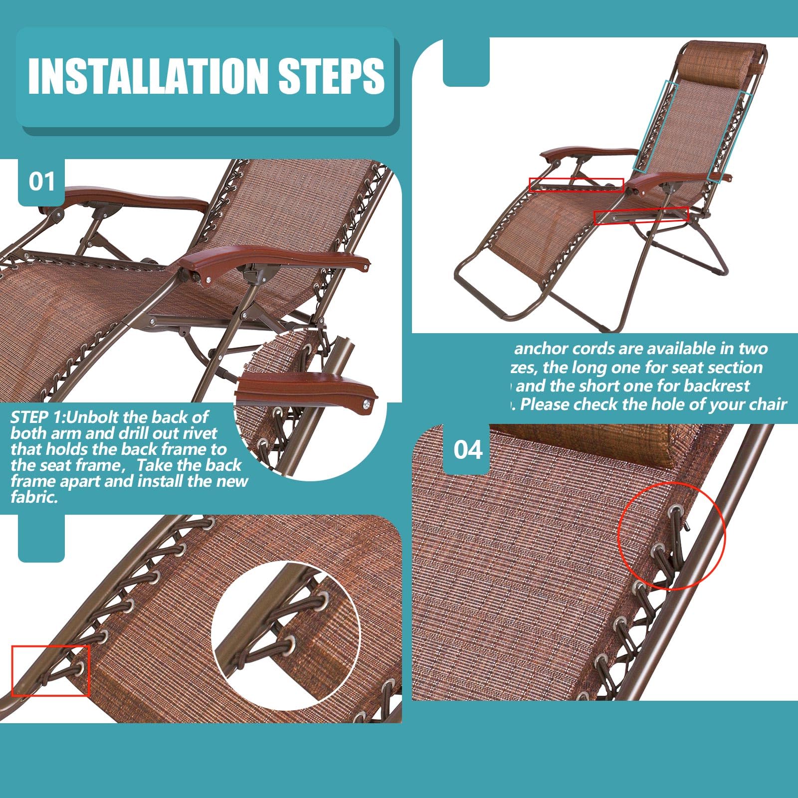 Queekay 2 pezzi Zero Gravity tessuto di ricambio per sedia, 160 cm x 53,3 | Kit di riparazione per sedie da giardino in tessuto a rete, con 8 corde elastiche, per patio, reclinabile, prato, piscina