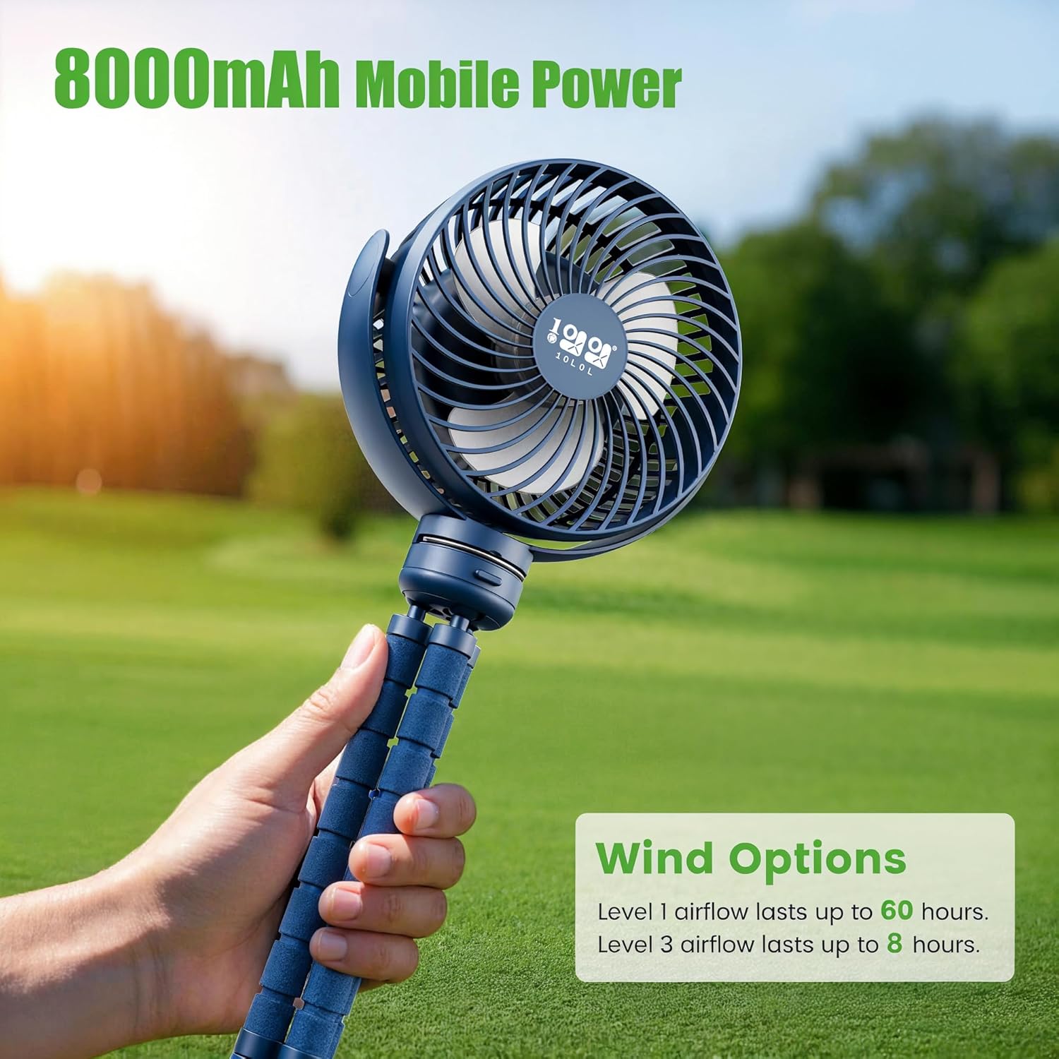 10L0L Rechargeable Portable Fan-8000mAh Battery Operated Fans Compatible with Yamaha/EZGO/Club Car/Tents/Prams/Golf Cart Push Cart with Flexible Tripod, LED Light, 360° Rotatable, 3 Speed