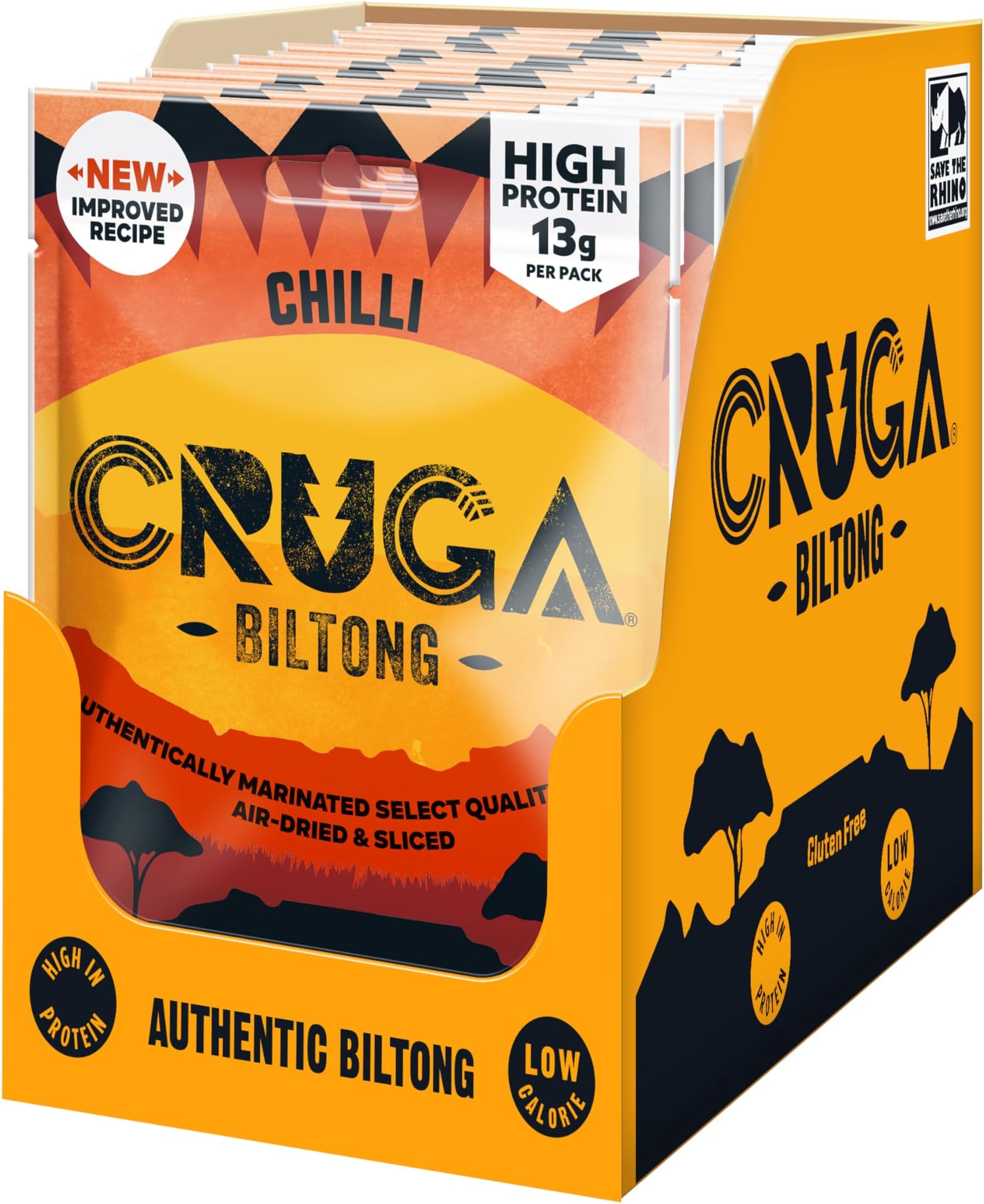 Chilli Beef Biltong Flavour 12 × 25g Snack Packs – High Protein Gluten Free Snack – Low Sugar – No Added MSG – Ideal for Gym, Travel, Hiking & Everyday Energy