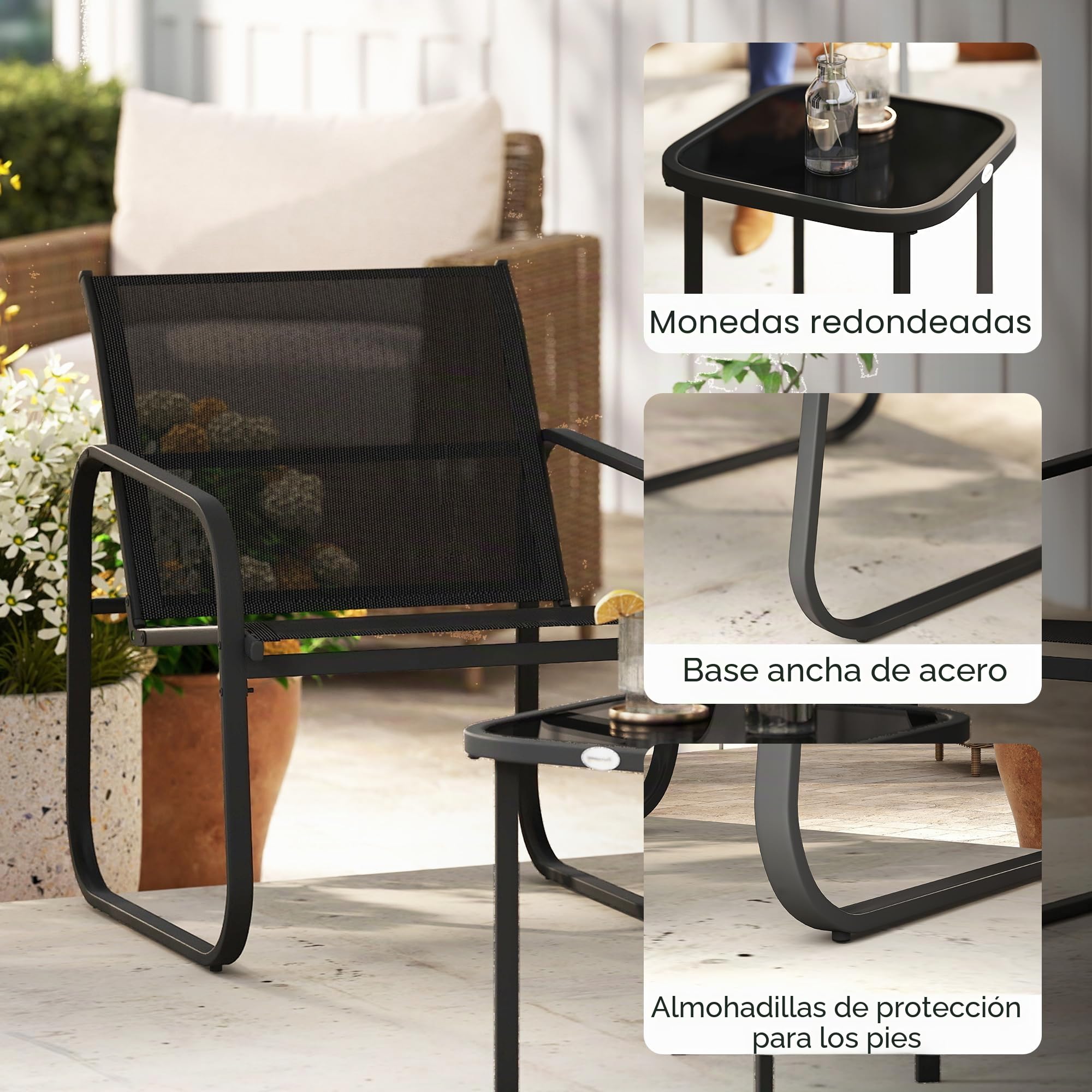 Outsunny - Juego de bistró de jardín (3 piezas, salón de jardín al aire libre, 2 personas, con 2 sillas de malla y mesa de centro de vidrio templado, muebles de jardín, terraza, balcón y porche, color | Salón de jardín al aire libre, sillas de malla, mesa