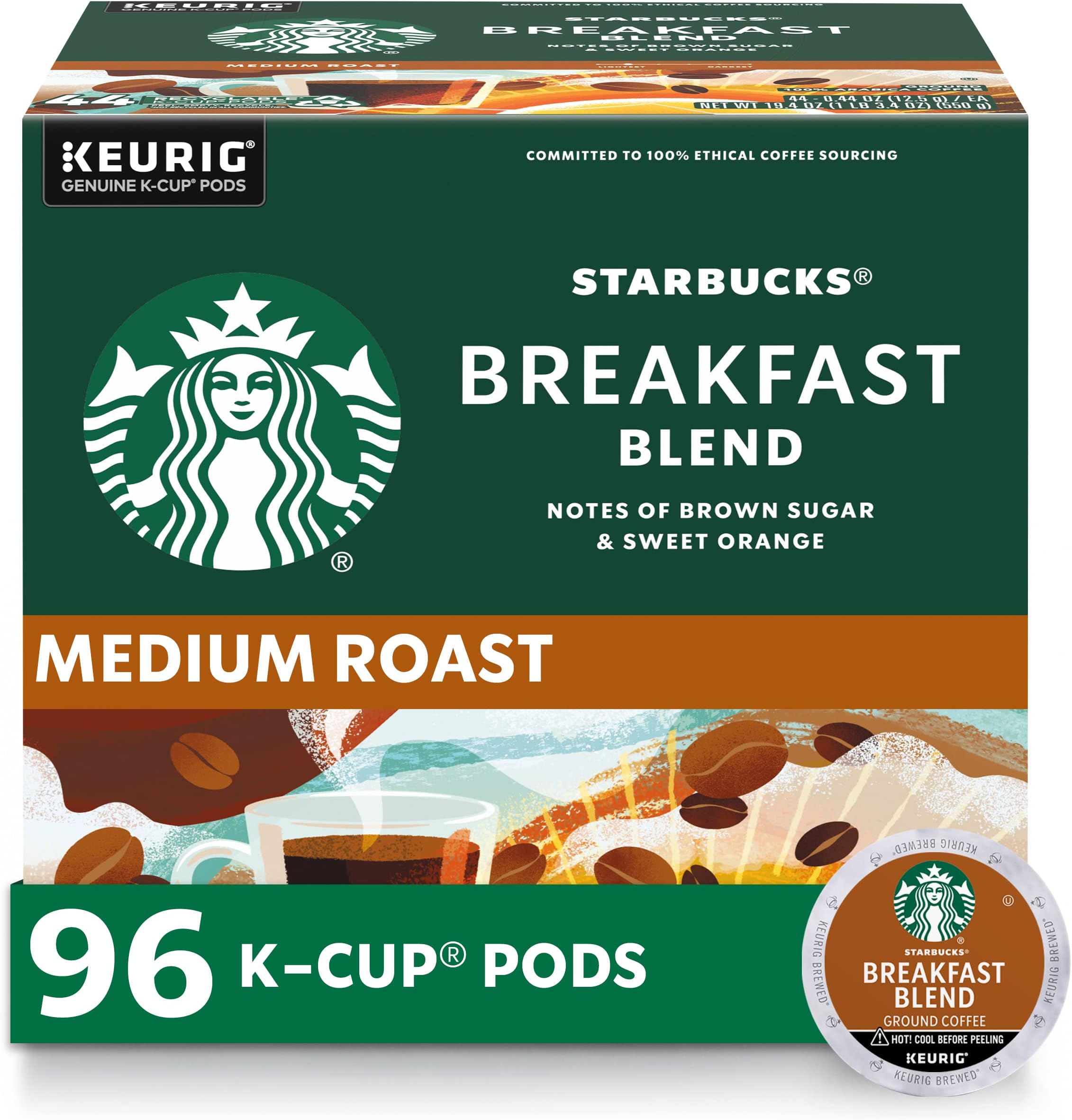 Starbucks K-Cup Coffee Pods, Medium Roast Hot or Iced Coffee, Breakfast Blend, 96 Keurig Pods