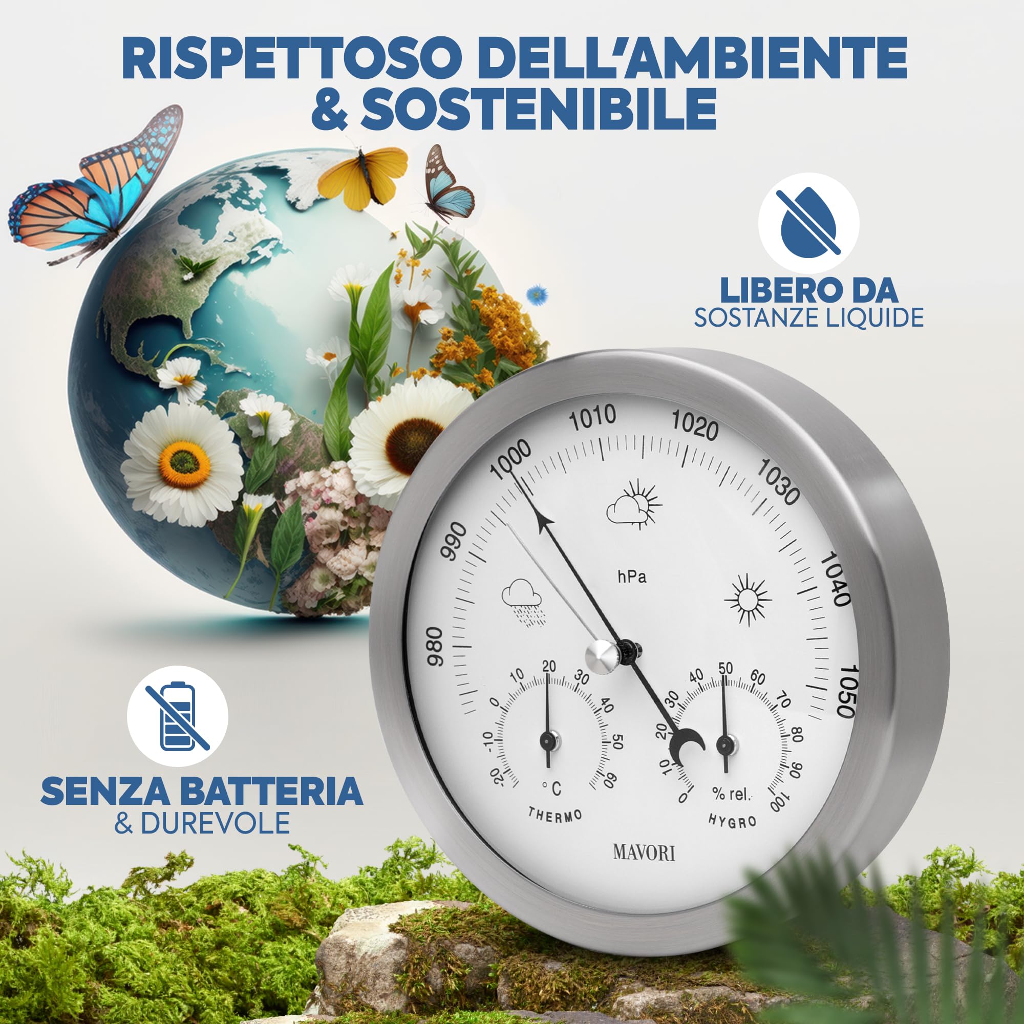 Stazione meteo analogica - Barometro, Igrometro e Termometro 3in1 per interni ed esterni - barometro analogico in acciaio inox Ø 13,5cm con vetro acrilico dal design moderno