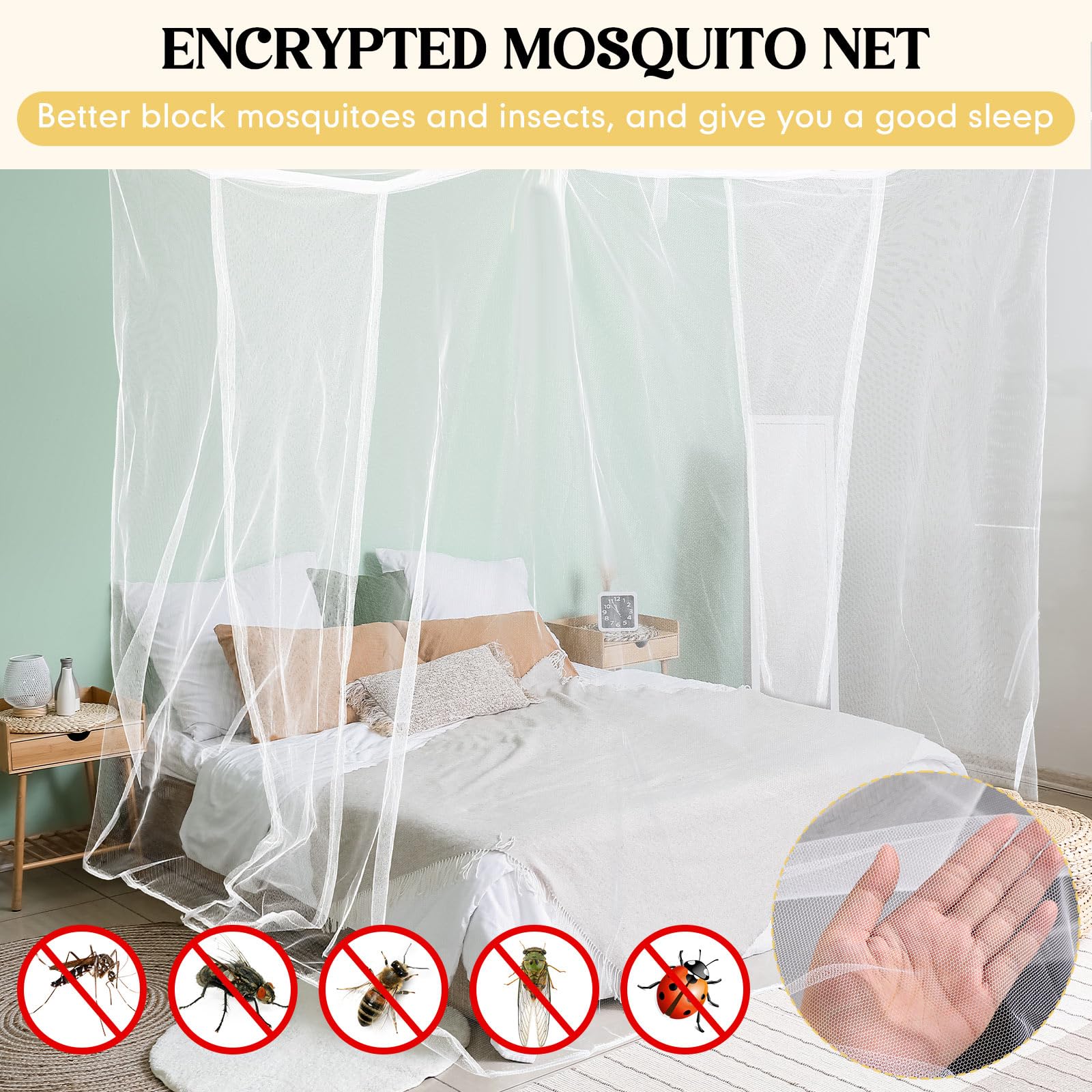 Mosquitera para cama matrimonial Queen King, 75 pulgadas de largo x 71 pulgadas de ancho x 79 pulgadas de alto, mosquiteros grandes para Cuba, toldo de red para acampar al aire libre, hogar 5