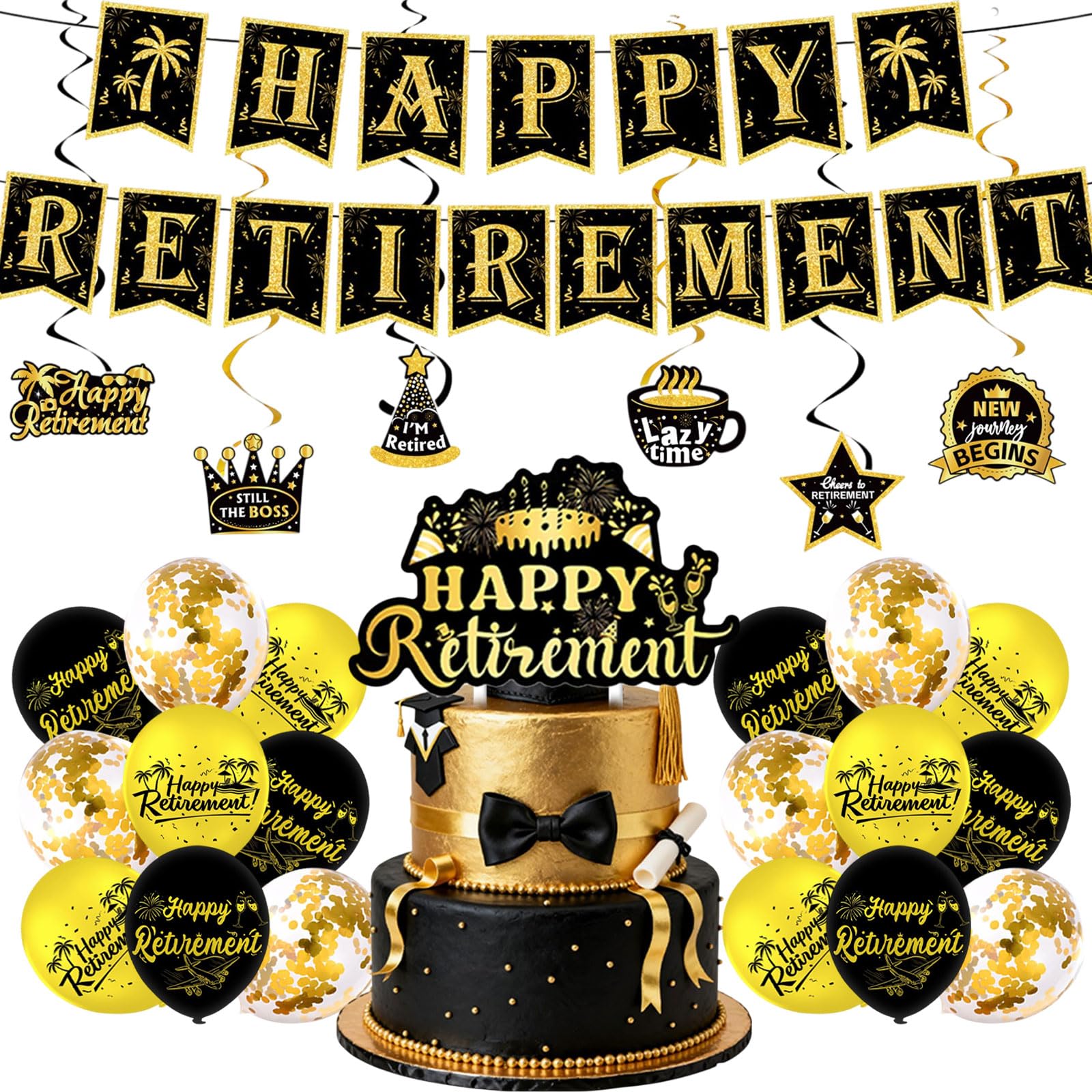 Ruiunchu 26PCS Retirement Decorations, Black and Gold Party Decorations