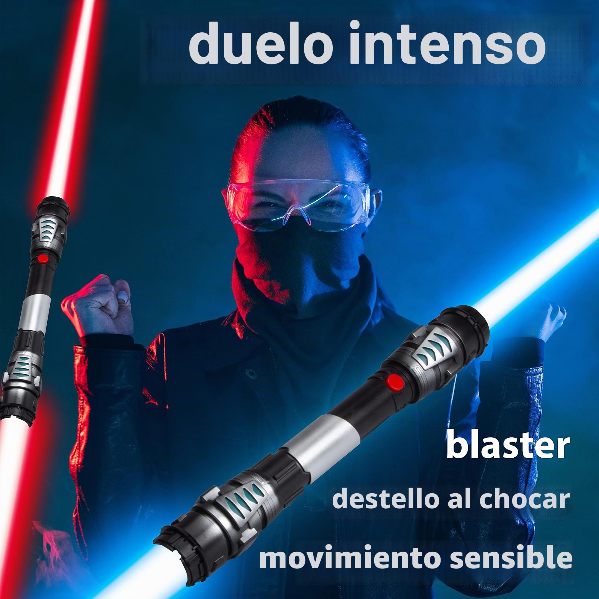 GOODS+GADGETS® Sable láser Doble Hoja 138 cm con Luz y Sonido | Hoja retráctil roja, chip de sonido integrado, funciona con 3 pilas AA - listo para usar al instante