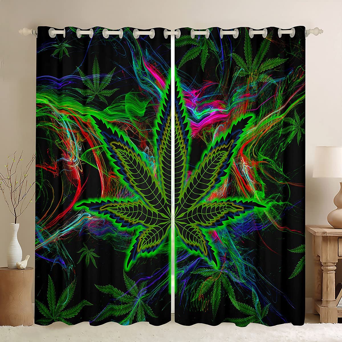 Marihuana zasłony okienne, marihuana liść marihuany, kolorowe boho kłopotliwe liście zasłony okienne dla dzieci nastolatków chłopców młody mężczyzna, nowoczesna dekoracja do sypialni, elegancka modna botaniczna zasłona, 66 szer. x 90 l