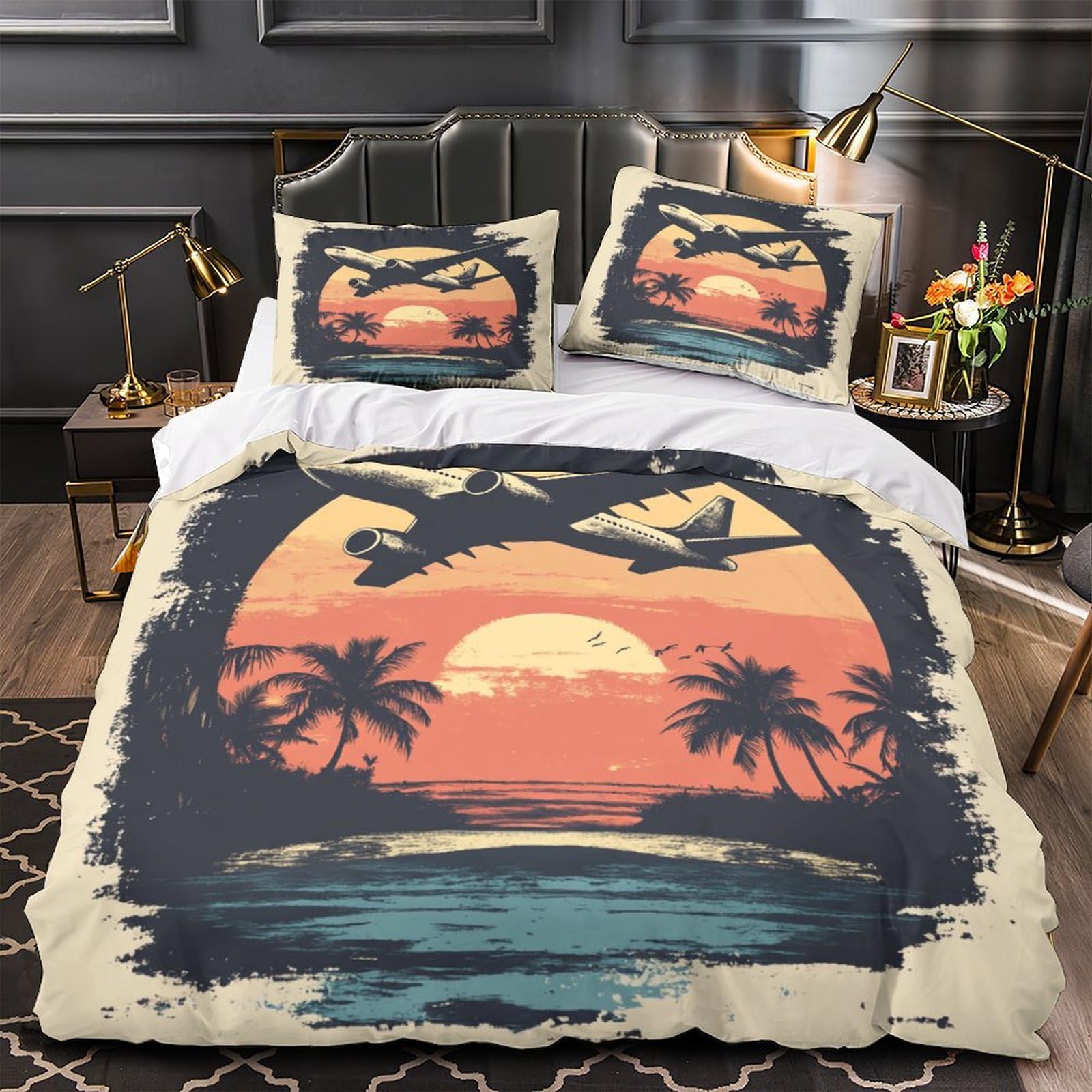 Housse de Couette Fermeture Éclair Bleu Géométrique Parure de Lit Microfibre Respirante 200x200