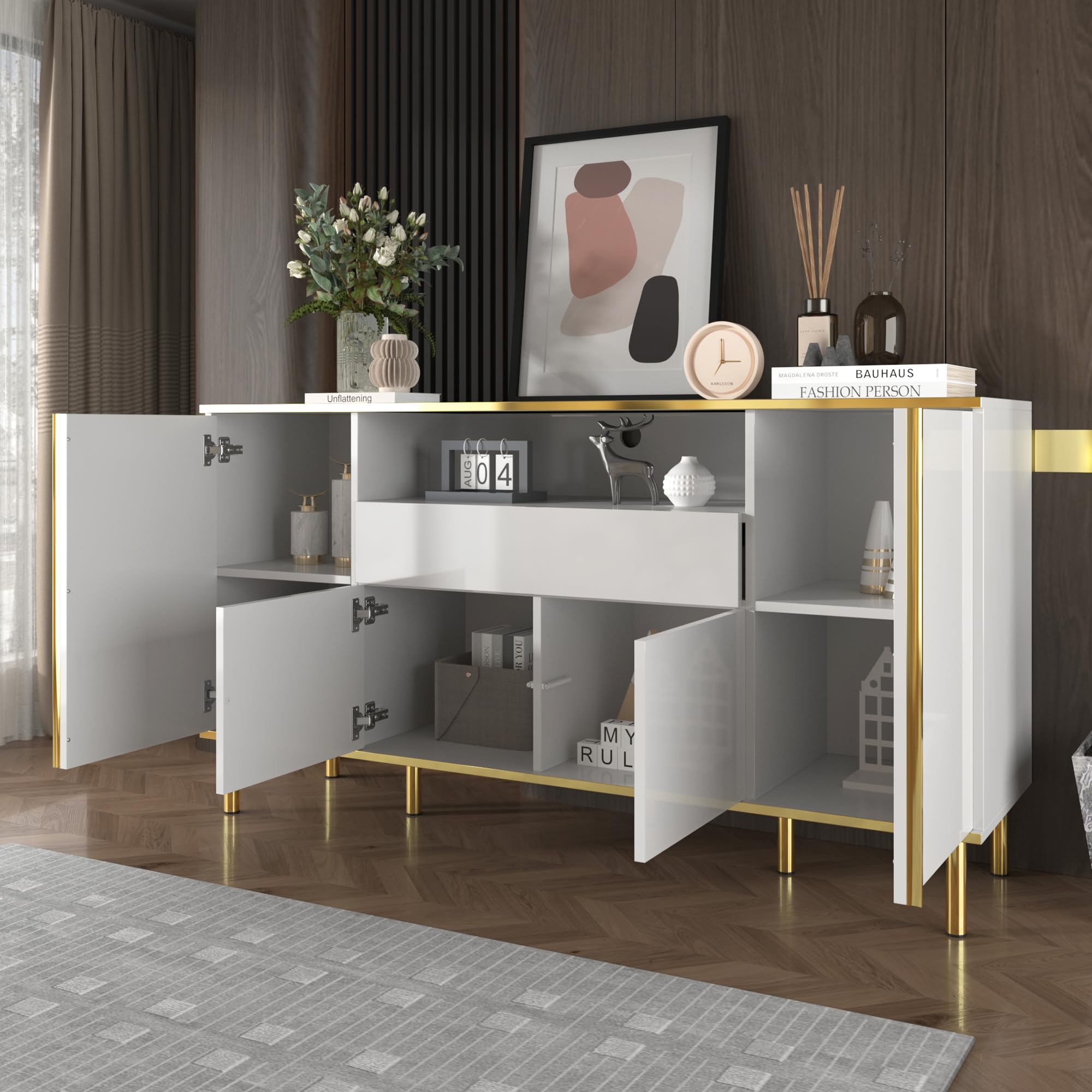 Komoda na wysoki połysk, biała, z oświetleniem LED i złotymi akcentami – szafka pod telewizor 150 x 40 x 80 cm, szafka do salonu z 4 drzwiami i 1 szufladą, szafka do przechowywania do salonu i