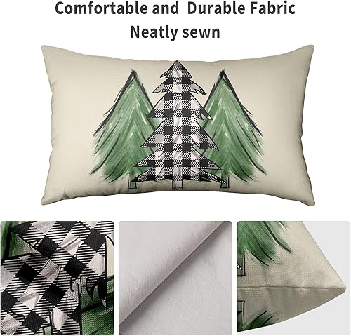 Miniatura 5 de Juego de 2 fundas de almohada lumbar de Navidad de 12 x 20 pulgadas, diseño rústico de búfalo de invierno, a cuadros, verde, árbol de Navidad,