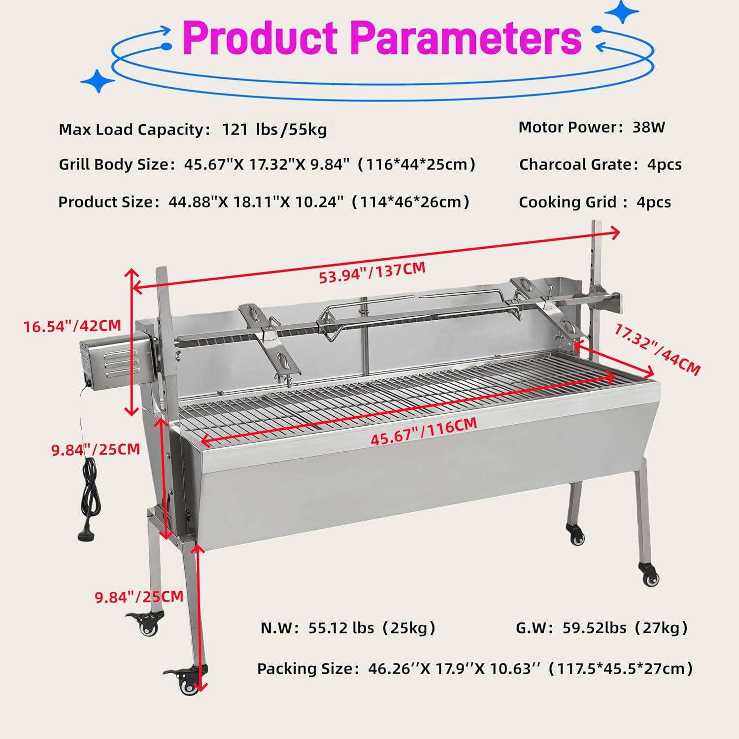 Kolice Rotisserie Grill, 43in Electric Rotisserie Grill Kit 5 Level Height, BBQ Grills Rotisseries Kit with 88 lbs Load Capacity, Asador de Puerco, Stainless Steel Automatic Grilling Kits for Parties