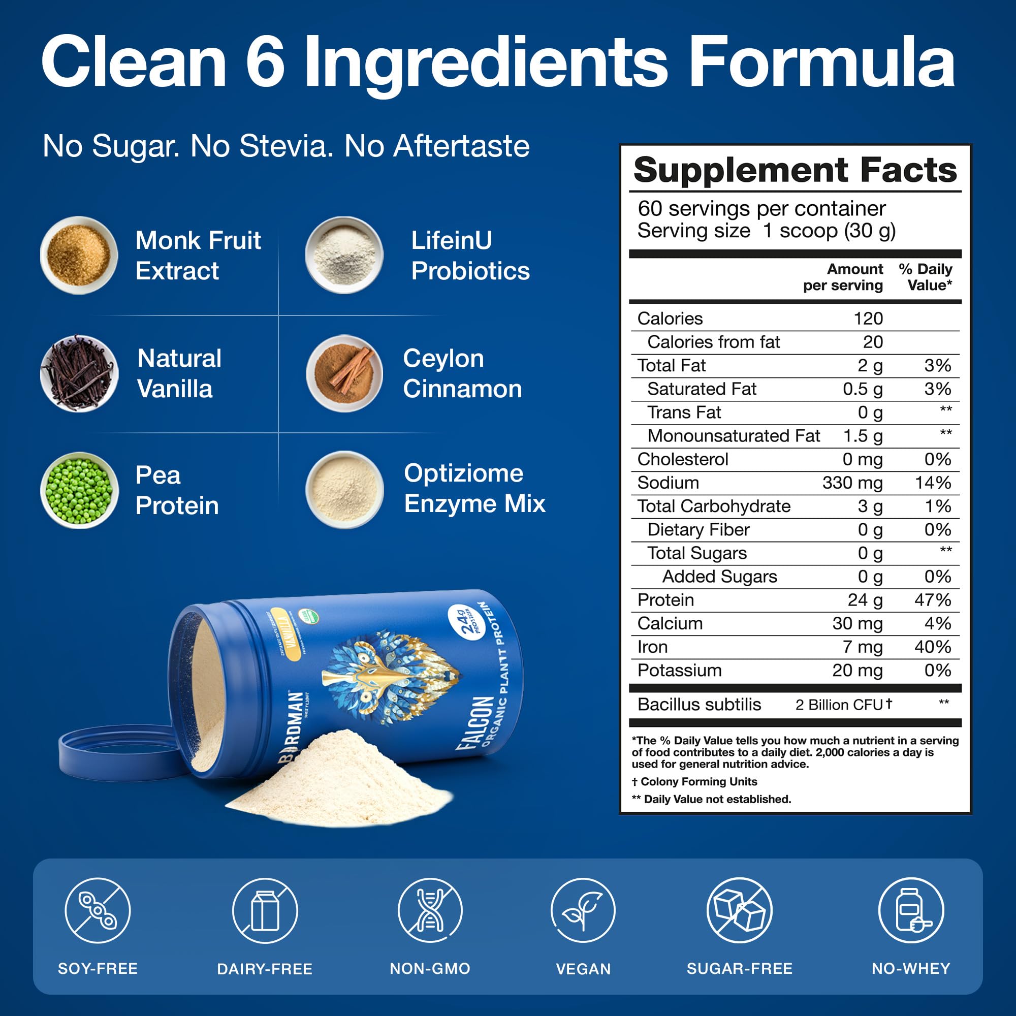 BIRDMAN Falcon Vegan Protein Powder Organic, Stevia & Sugar Free, Plant Based Protein, Low Carb, Dairy Free, Keto, Non Whey Protein, Probiotic, Pea Protein | Chocolate Flavor - 60 Servings - 3.9lb — Amazon image 4