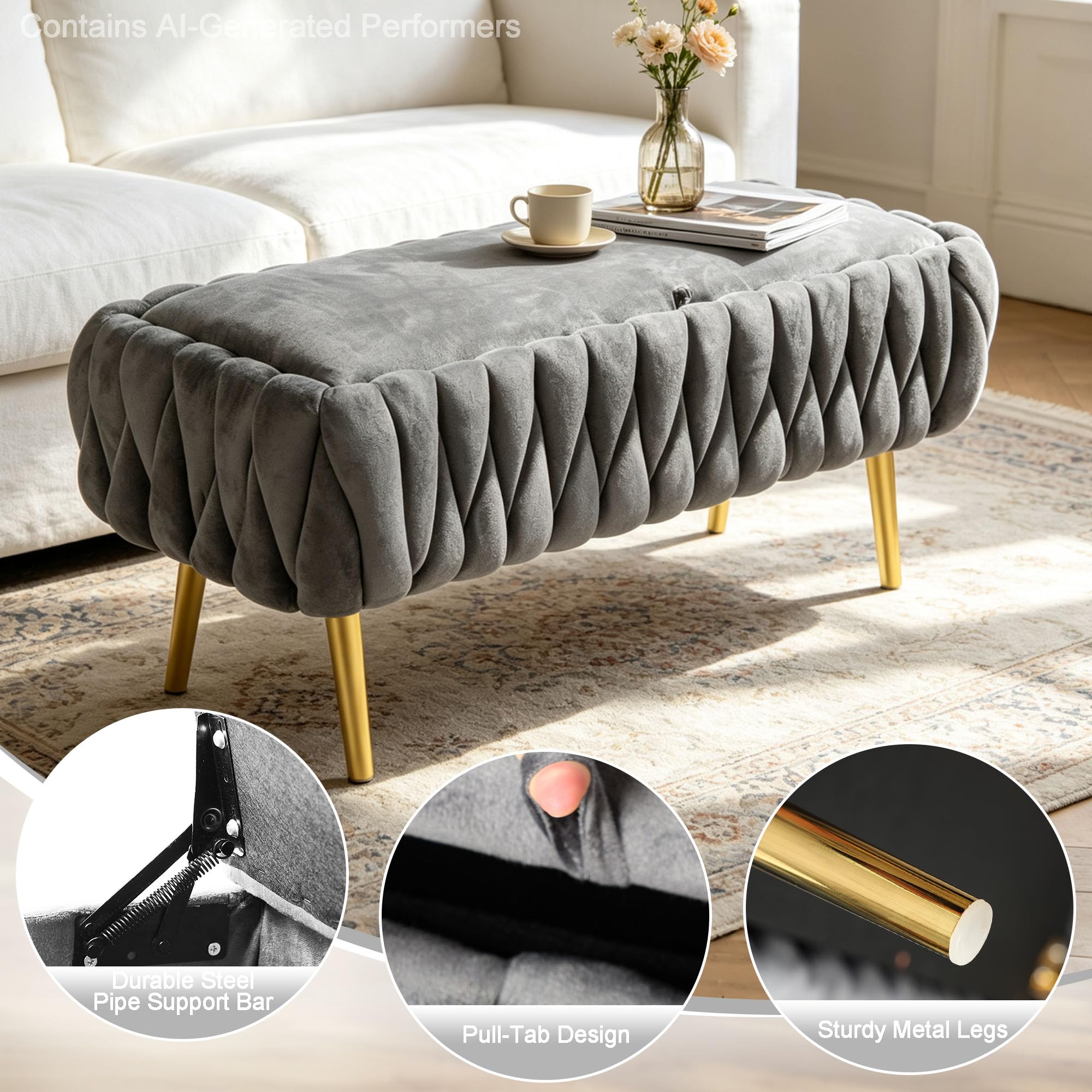 Sitzbank mit Stauraum Polsterbank 105 x 30 x 44 cm, Samt Sitzhocker mit goldenen Metallbeinen, Bettbank Sitztruhe bis 300 kg, Fußhocker für Flur, Wohnzimmer, Schlafzimmer