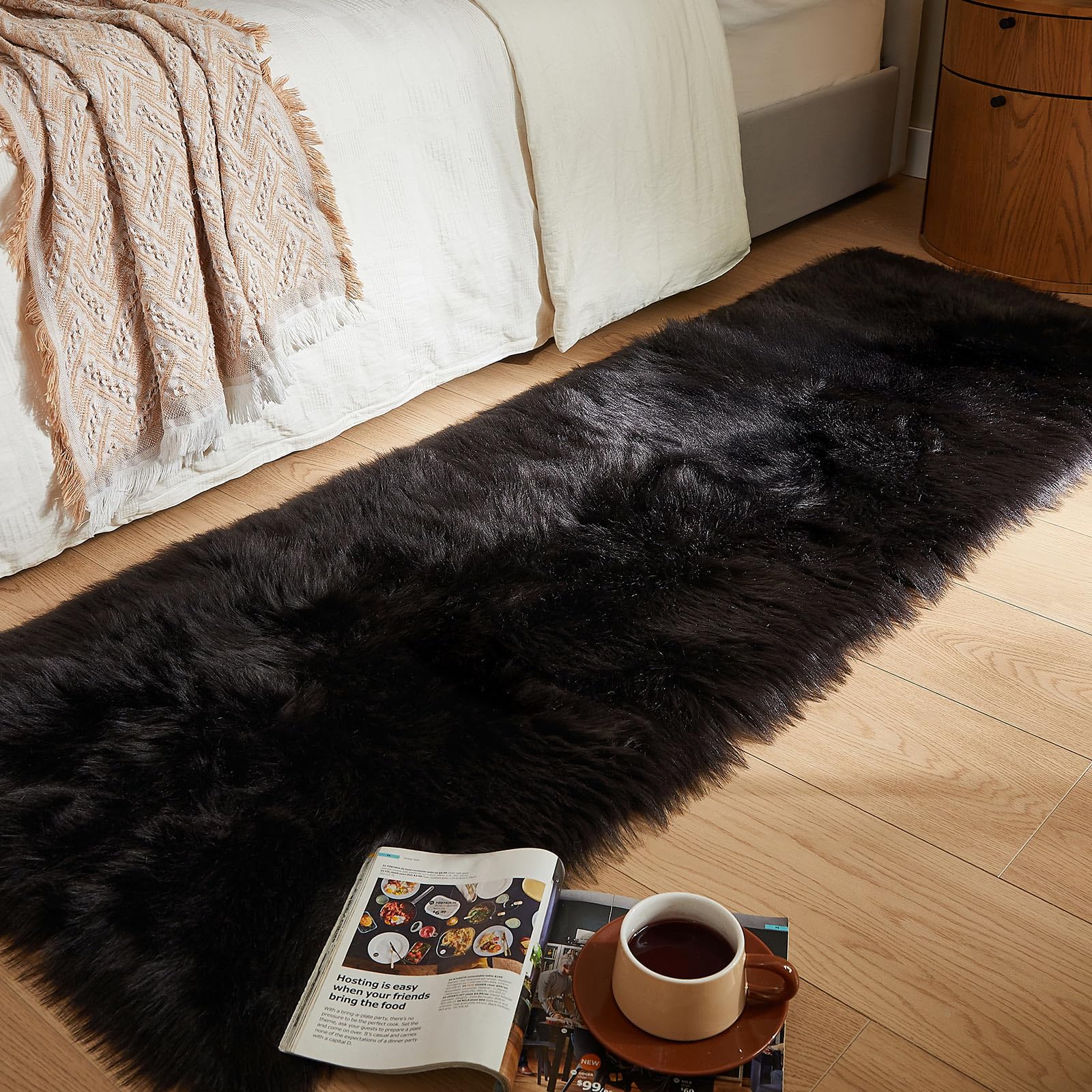 AMTOVO Faux Fur Rug, Black Ultra Soft Fluffy Shag Sheepskin Rug, 2 x 6 ft Runner Area Rugs for Bedroom Sofa Throw Cushion Room Decor, Rectangle